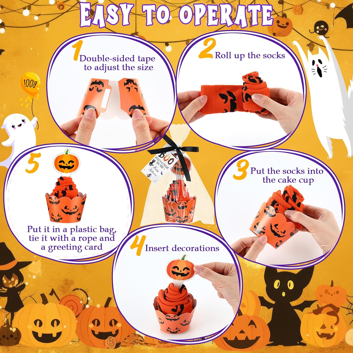 Foaincore 12 Pairs Halloween Socks Gift with Cupcake Decorations Packaging Halloween Theme Novelty Socks Bats Pumpkins Ghosts Print Stocking Spooky Basket Stuffers for Adult Men Women - Image 5