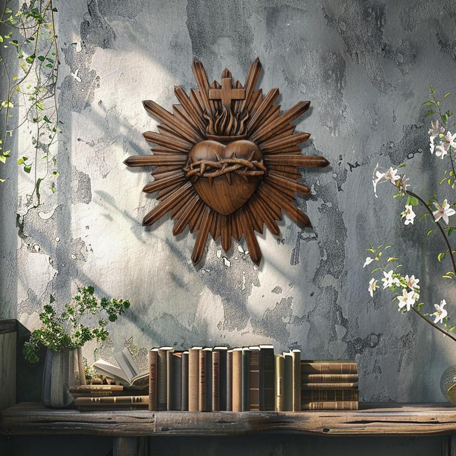 QIADGE Hand-Carved Sacred Heart of Jesus Wooden Wall Decor – Religious Art Hanging, Catholic Home Decoration, 14-Inch Spiritual Gift - Image 2