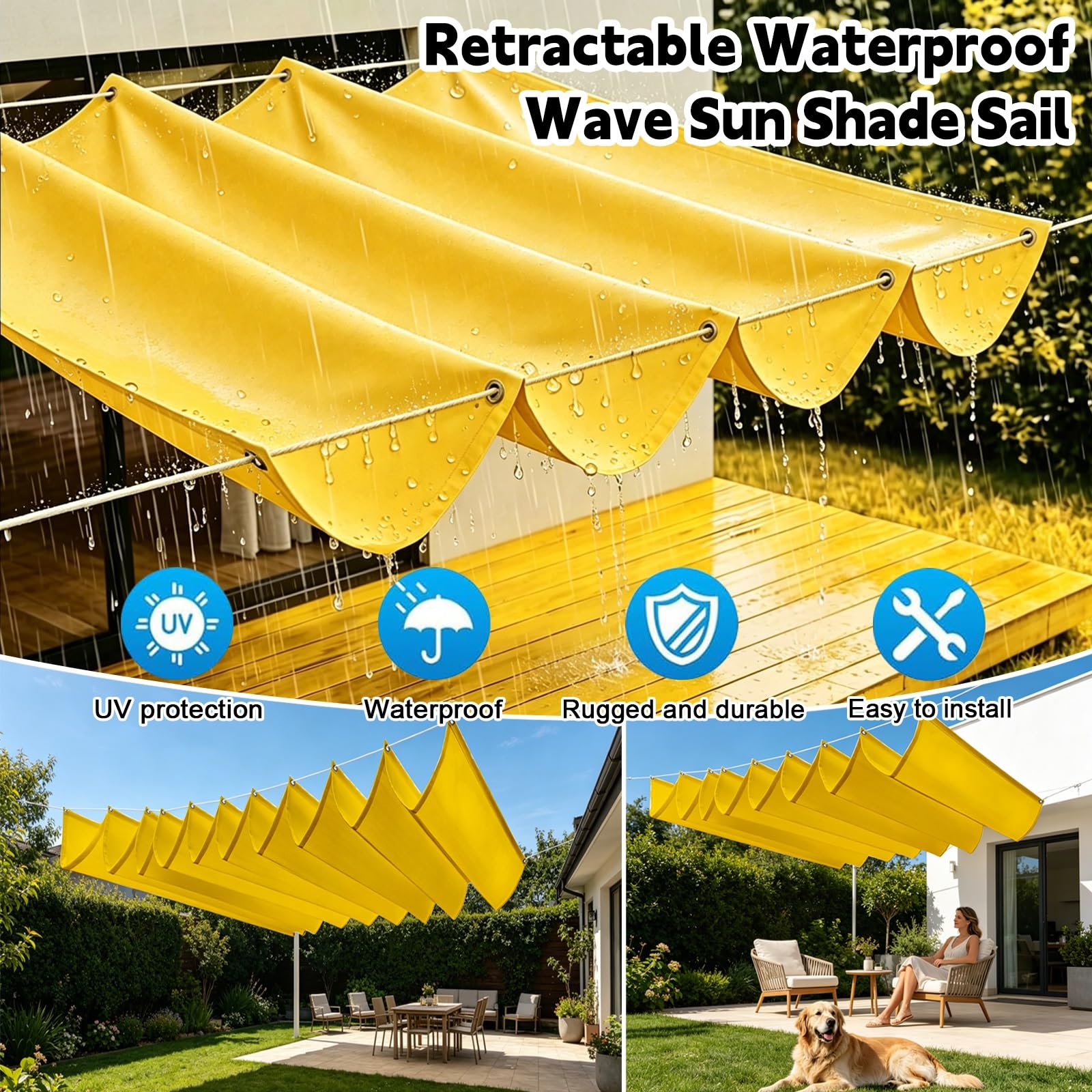 Einziehbare Welle Sonnensegel 3 x 3.5 m Pergola, Wasserabweisend Einziehbar Welle Überdachung, Uv-Schutz 50+, Wetterfest, Sonnenschutz für Garten Pergola Balkon Terrasse, Gelb