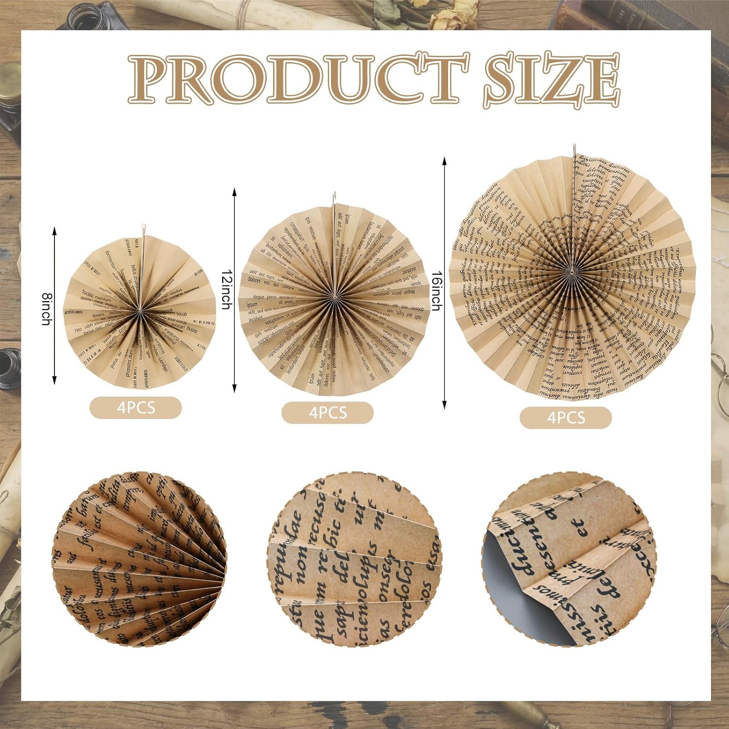 Feifeiya 12 Pcs Vintage Book Hanging Paper Fans 8'' 12'' 16'' Vintage Pages Book Paper Fans Set Round Kraft Newspaper Hanging Ornaments Decorations for Library Club Birthday Wedding Events Party