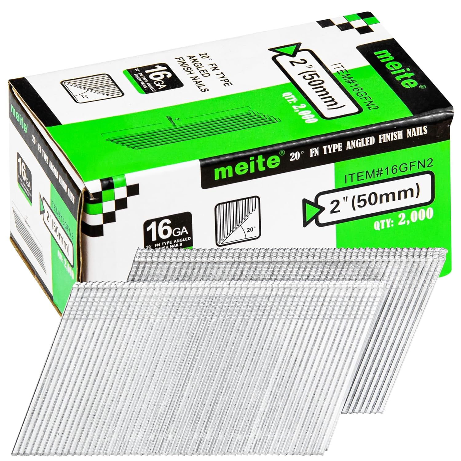 Meite 1 Box 16 Gauge Angled Finish Nails, 50Mm Galvanised Angled Nails For Finish Nail Guns, 16Ga 20 Degree Angled Nails For Carpentry & Interior Trim – 2,000 Pack