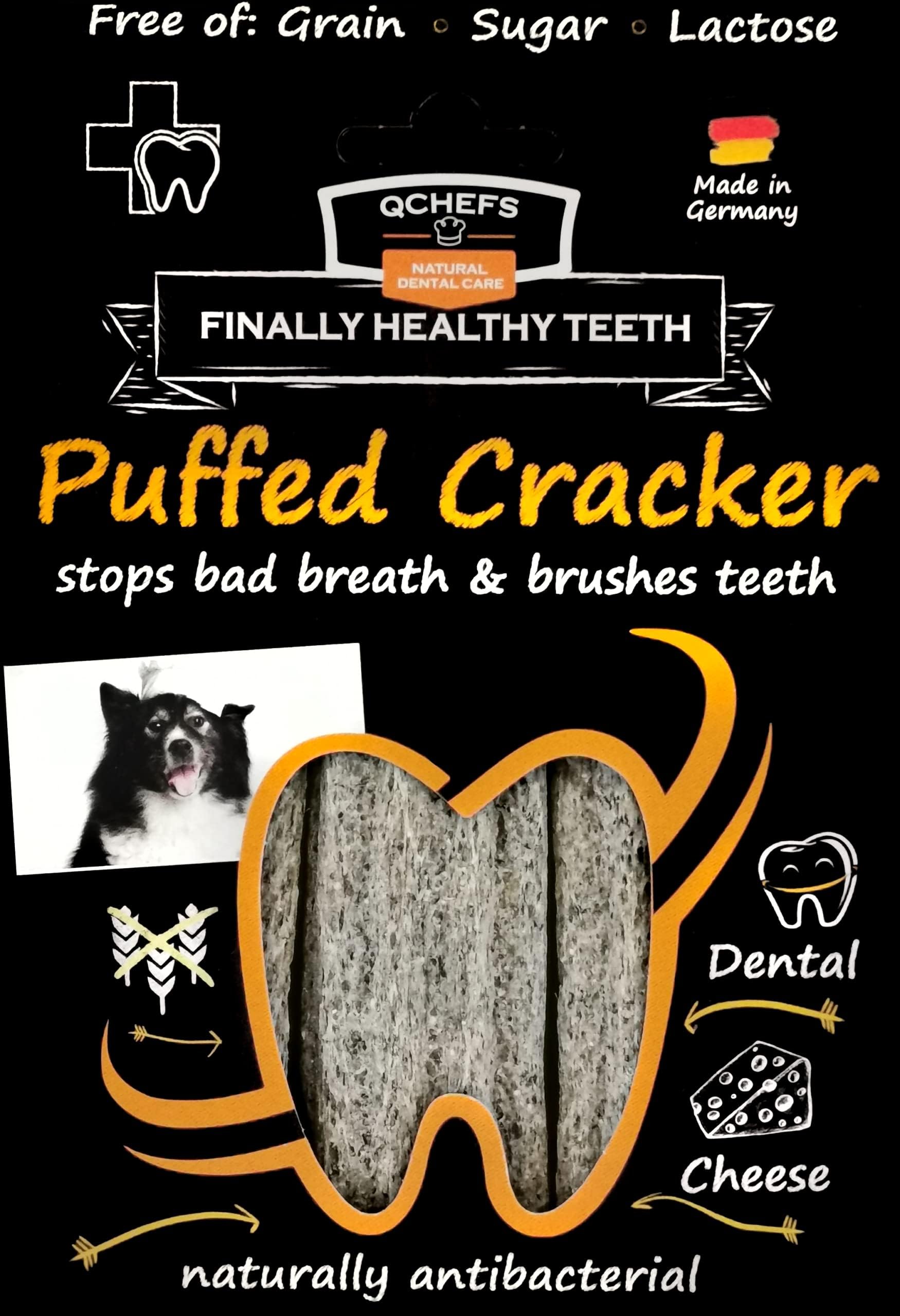 QCHEFS Puffed Cracker 3er | Dogs Dental Care Snack | Chews against Bad Breath & Gingivitis | Scaler | Dogs treat | Cheese - naturally antibacterial