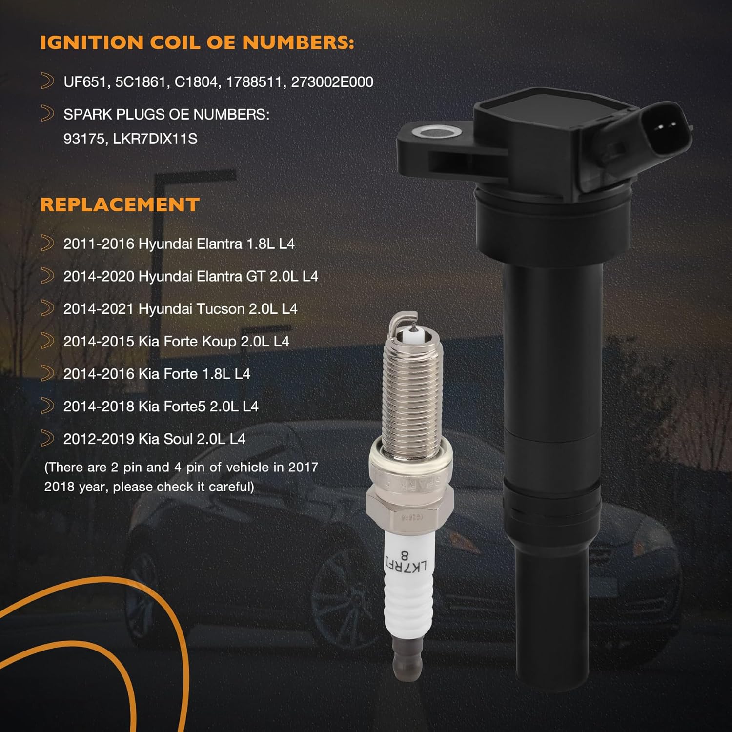 HQPASFY UF651 Ignition Coil Packs & Iridium Spark Plugs Set Compatible with Hyundai Tucson, Hyundai Elantra, Kia Forte, Kia Soul (1.8L 2.0L ONLY), Replace# 5C1861, C1804, 1788511, 273002E000