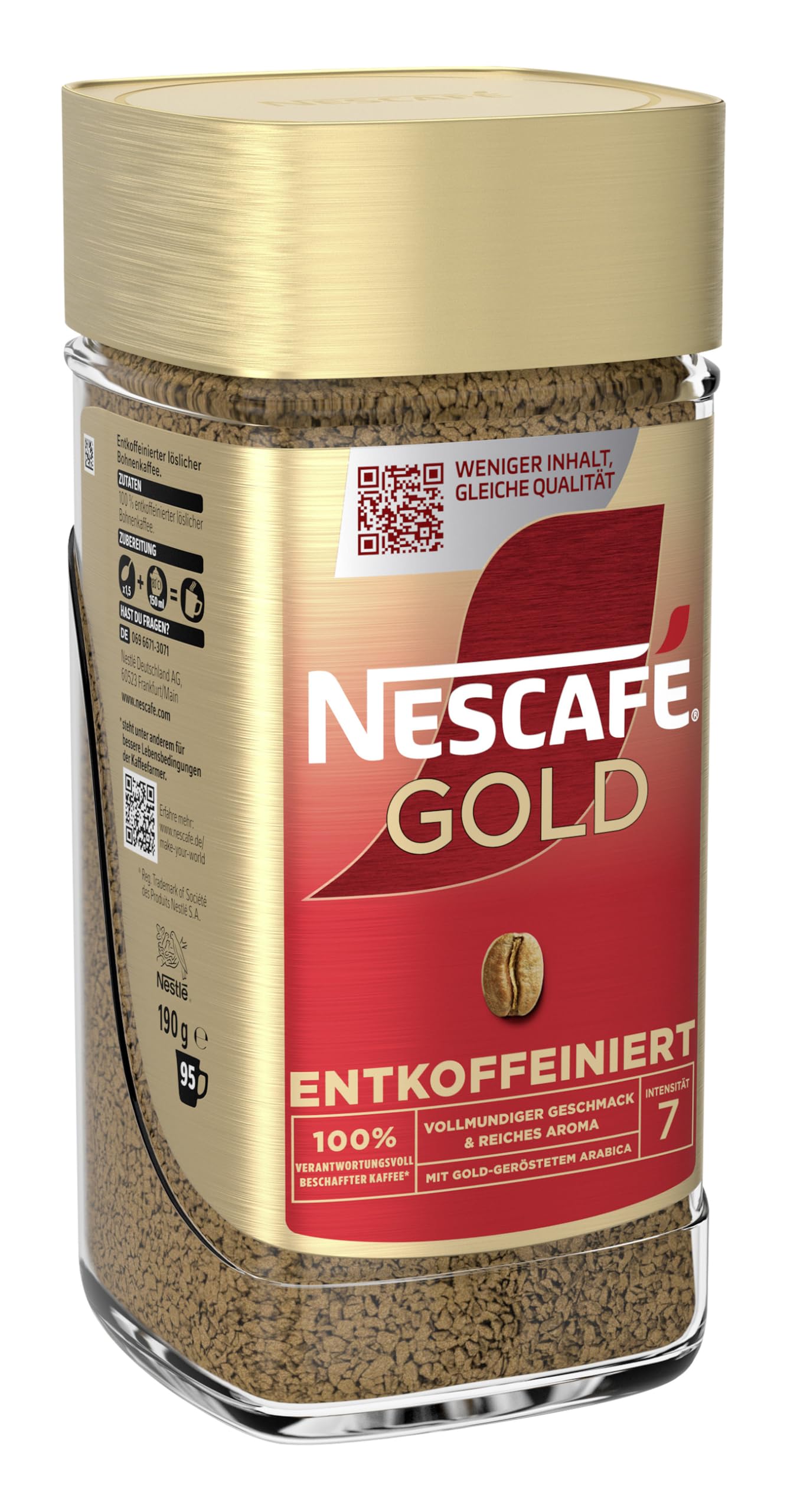 NESCAFÉ GOLD Entkoffeiniert, löslicher Bohnenkaffee, Instant-Kaffee aus erlesenen Kaffeebohnen, vollmundig & aromatisch, koffeinfrei, 4er Pack (1 x 190g)