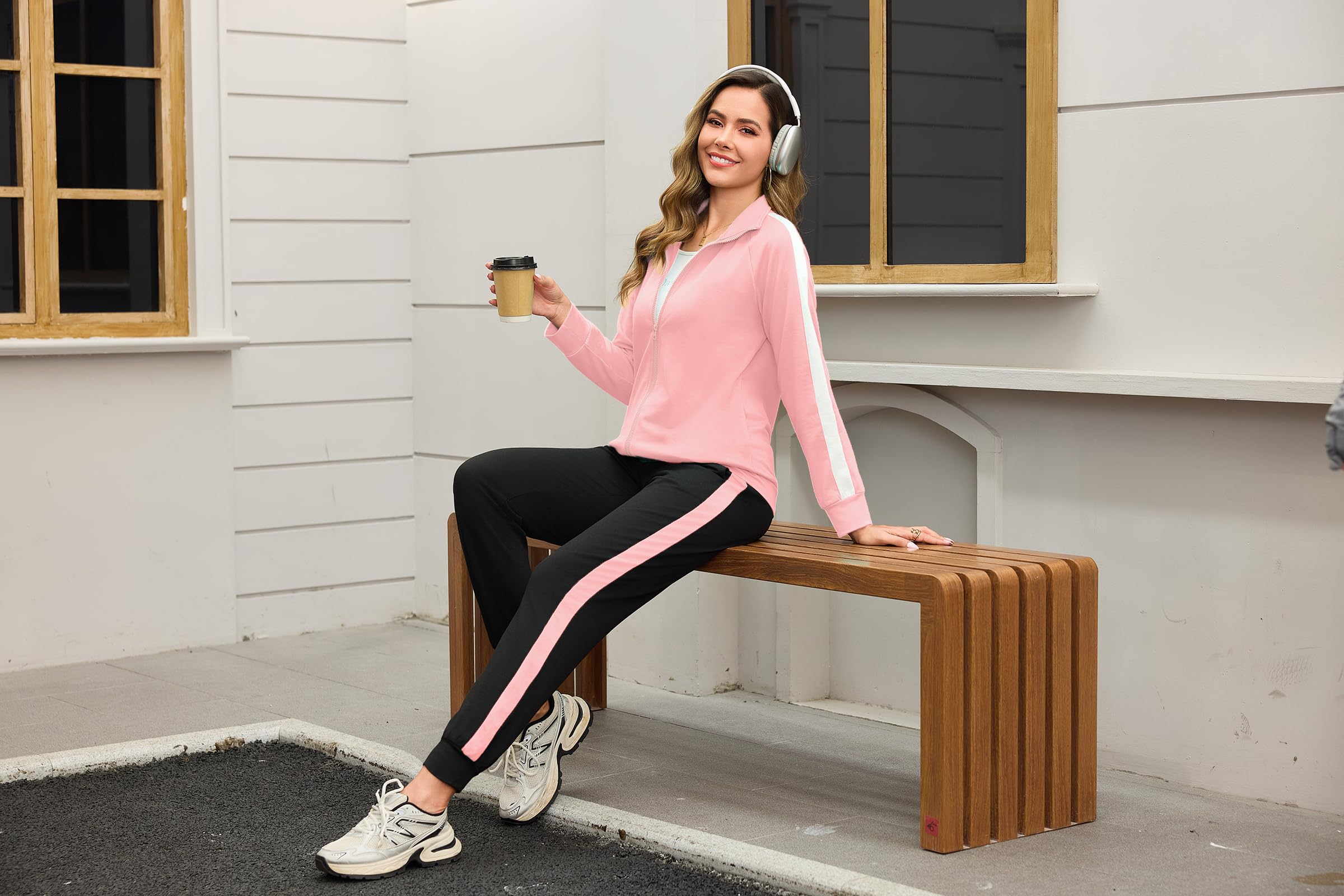 Demegimi Survêtement Femme Ensemble de Sport Jogging à Manches Longues Zippé Tenue de Sport Femme Confortable pour Fitness et Loisirs