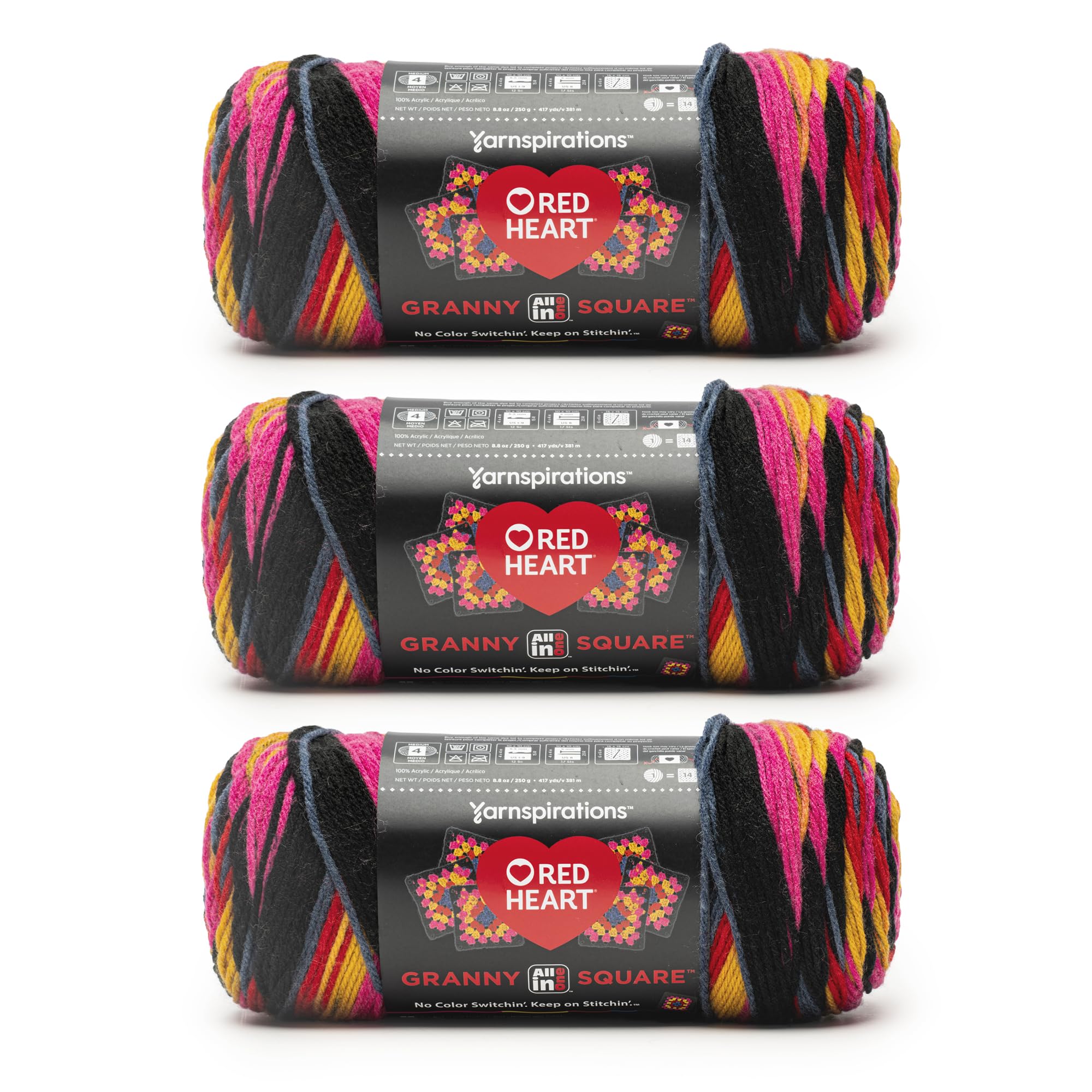Red Heart All in ONE Granny Square Scarlet Sands Yarn, 3 Pack of 8.8oz/250g, 100% Acrylic, #4 Worsted (Medium), 440 Yards