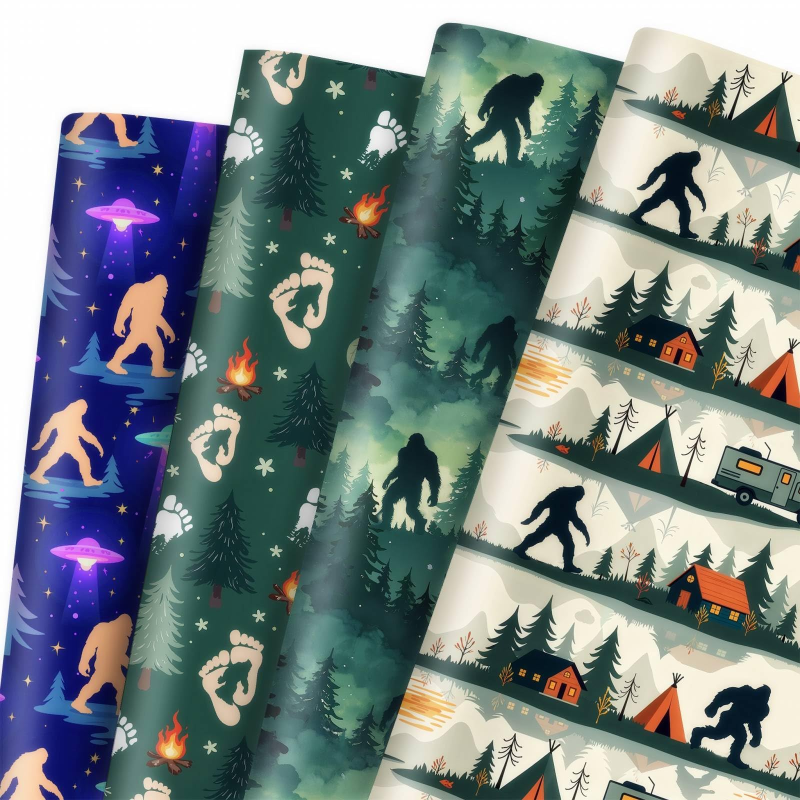 Sasquatch zestaw 12 arkuszy papieru prezentowego dla dorosłych, z motywem kampera, lasu, kampera, urodzin, na zewnątrz, jako dekoracja na imprezę, 71 x 50 cm