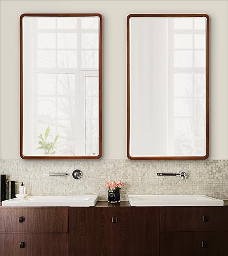 Miniatura 4 de Kate and Laurel McLean - Espejo de pared rectangular redondo de madera moderno para decoración del hogar de transición 20 x 36 pulgadas color marrón