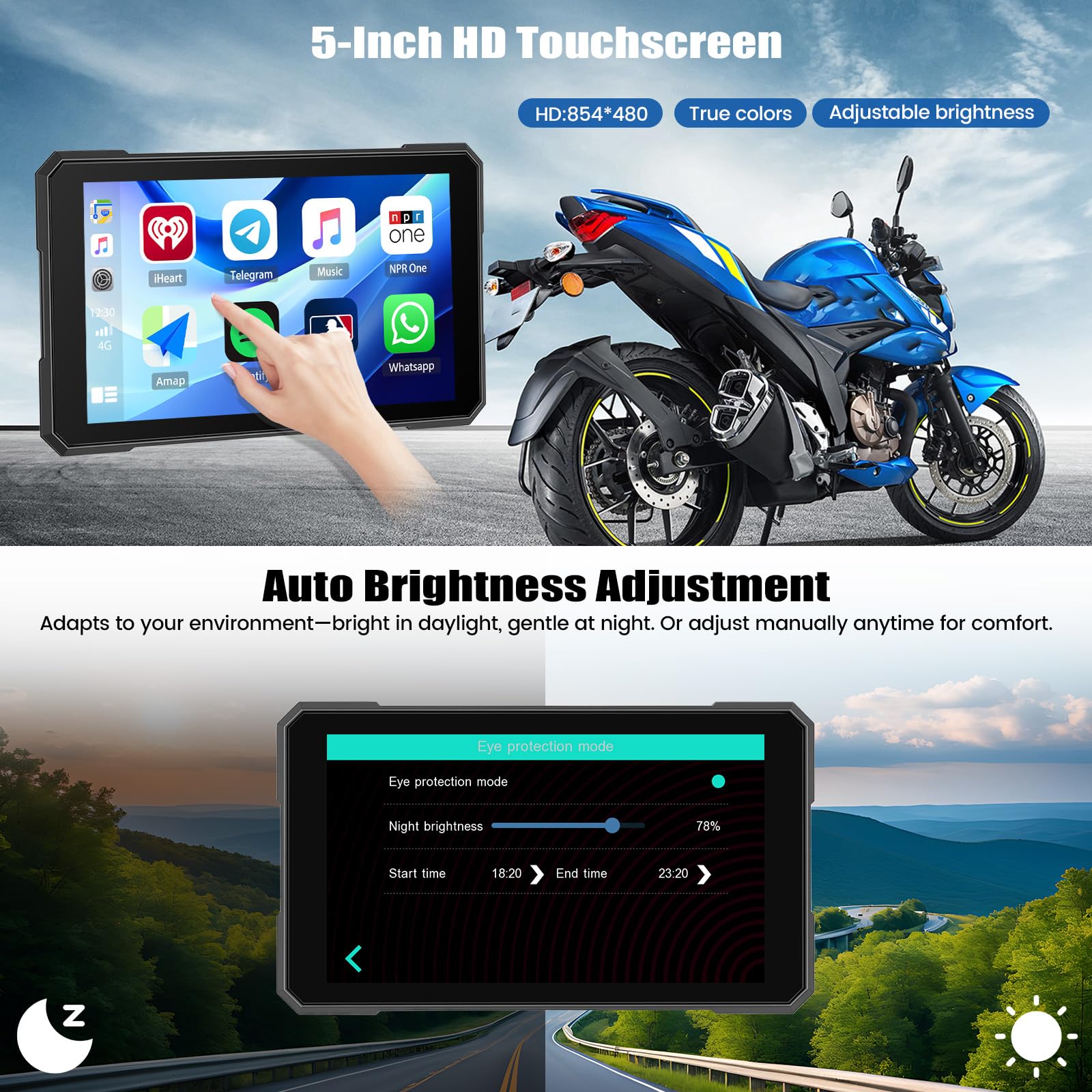 SIXWIN Pantalla Moto 5 Pulgadas con CarPlay/Android Auto Inalámbrico, Navegador GPS, IP68 Antiaqua, Soporte Universal Ajustable, Compatible con Monitoreo de Presión, Pantalla HD para Motocicleta