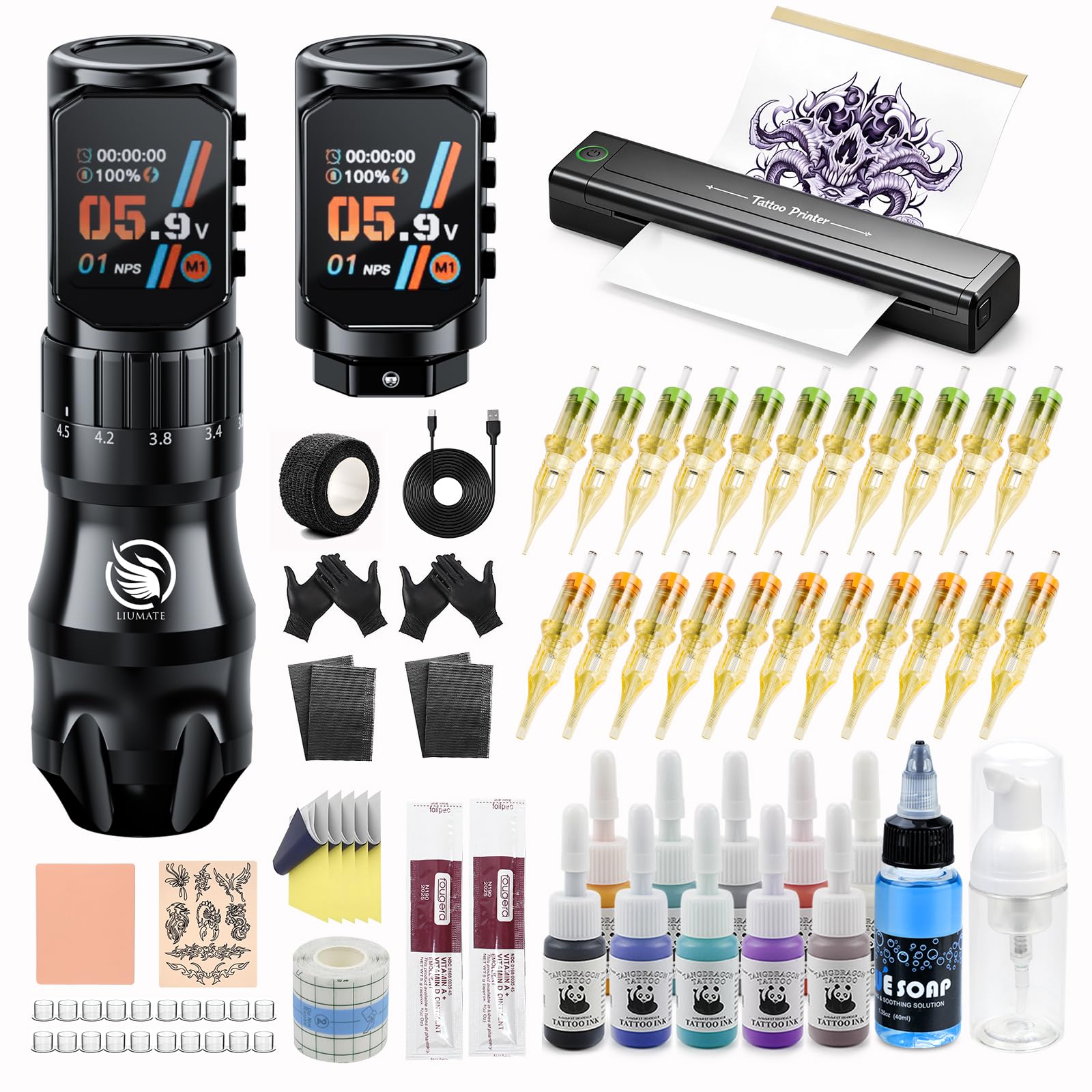 Tattoo Maschine Set, Kabellose Tätowiermaschine mit 2 Stück 2200mAh 7 Einstellbare Hublänge, Tattoo Drucker Bluetooth, 20 Stück Nadeln, Tattoo Zubehör Set Komplett für Anfänger und Künstler