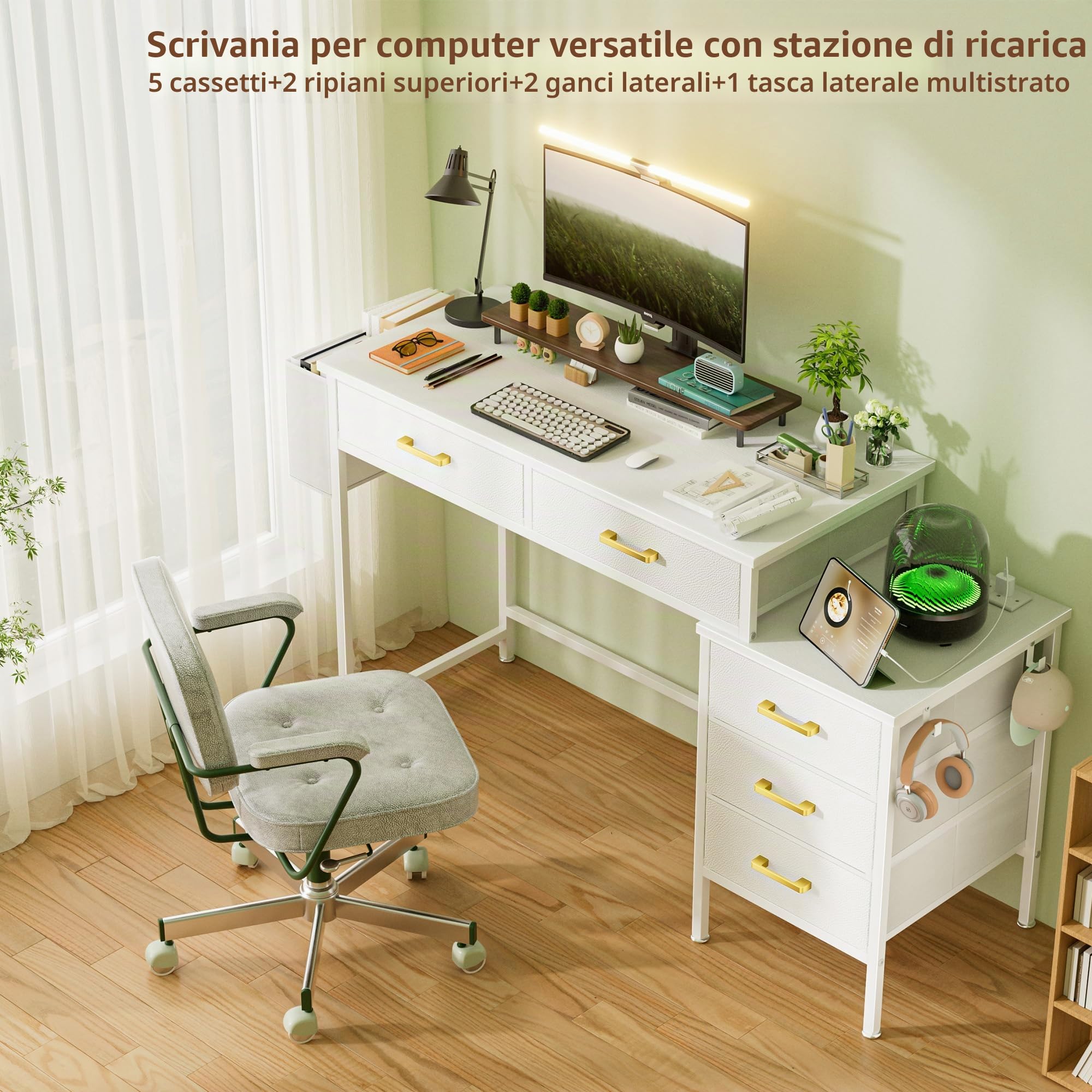Scrivania per computer, Scrivania Ufficio con 5 Tessuto Cassetti, scrivania con Presa di Corrente, 2 Prese CA, 2 Porte USB, per Tastiera Ufficio Casa, Bianco 130 x45x78cm