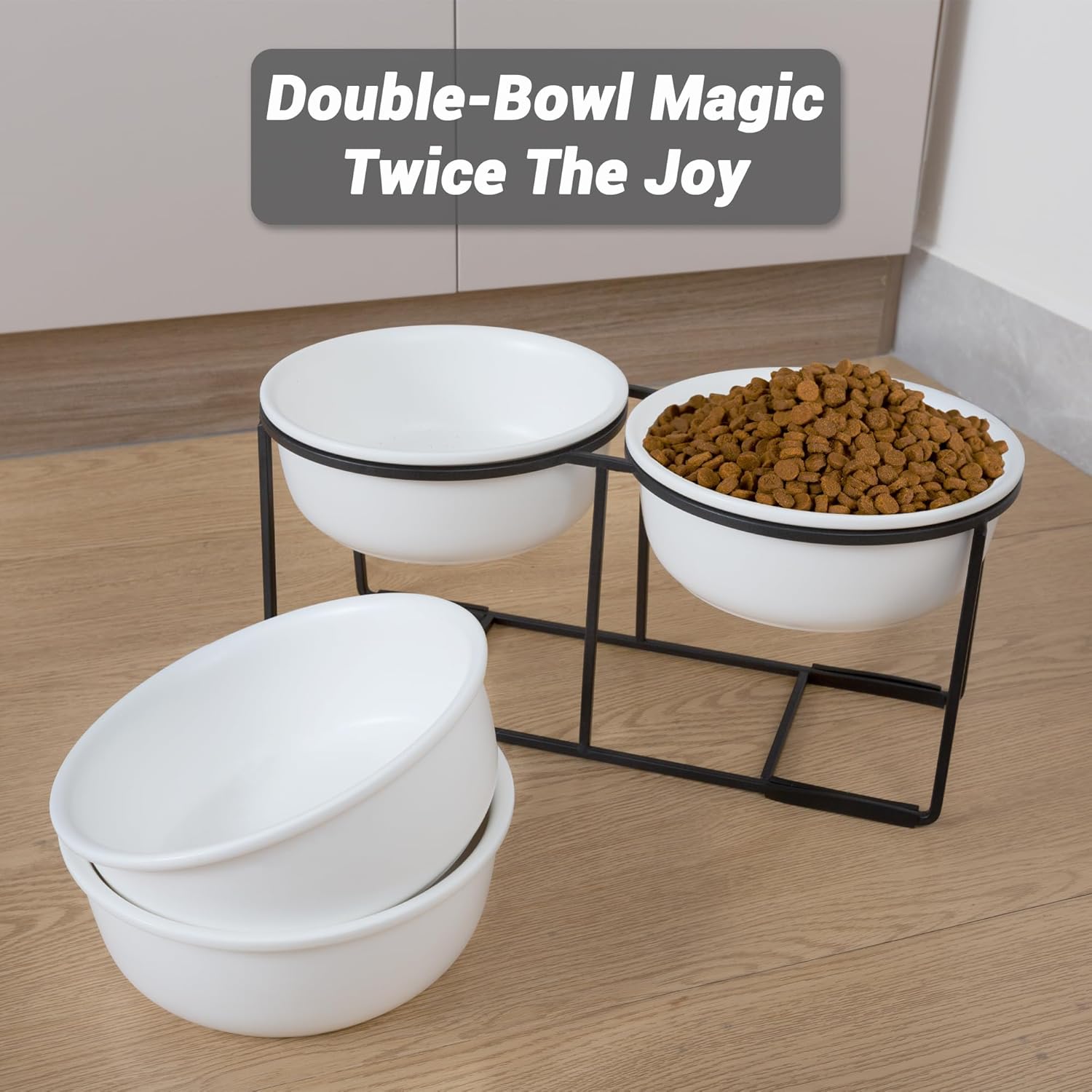 Ceramic Elevated Dog Bowl Set - Raised Food and Water Bowls with Metal Stand - Double Pet Dishes for Small and Medium Dogs - 2 Cups - 27 fl oz - Matte Whit