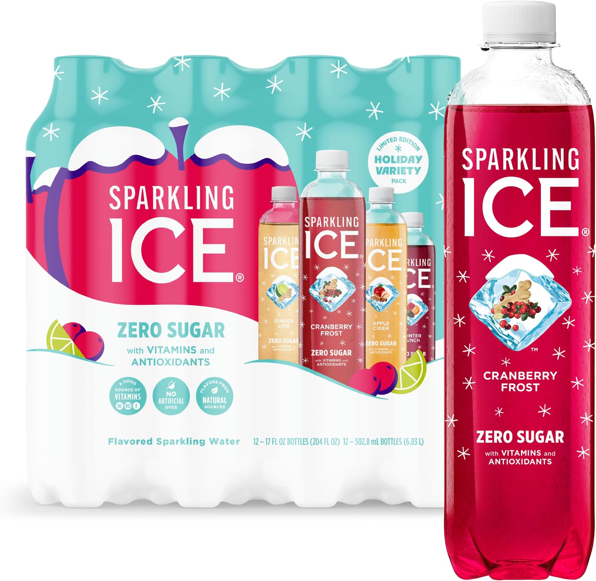 Sparkling Ice, Winter Variety Pack, Flavored Sparkling Water, Zero Sugar, with Vitamins and Antioxidants, 17 fl oz, 12 count (Cranberry Frost, Winter Punch, Apple Cider and Ginger Lime)