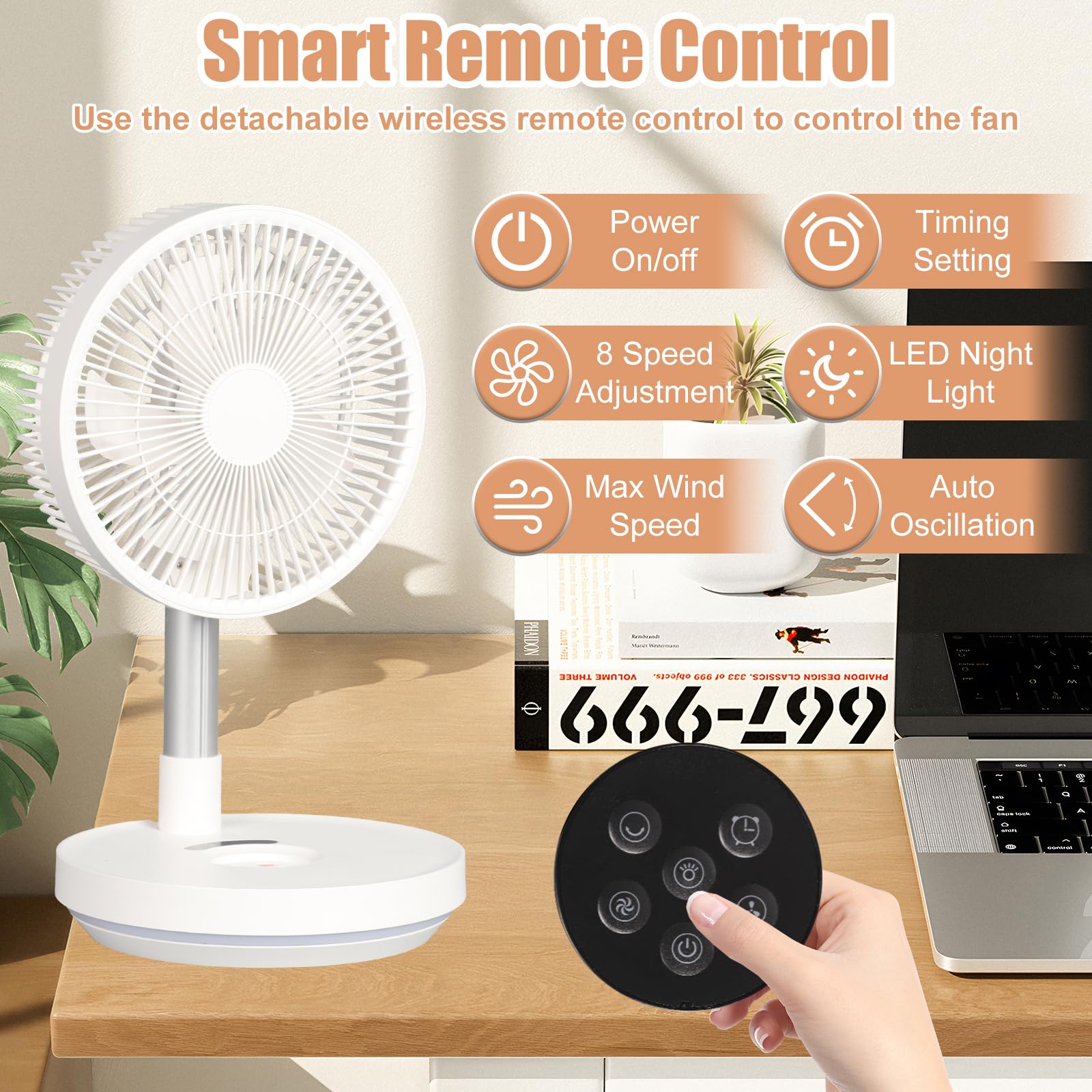 Ventilador de Pie Oscilante Portátil Plegable con Remoto, 5.5-36 pulgadas Altura Ajustable, 7200mAh USB C Pequeño Mesa Ventiladores Silencioso con Temporizador para Viajes Camping Dormitorio