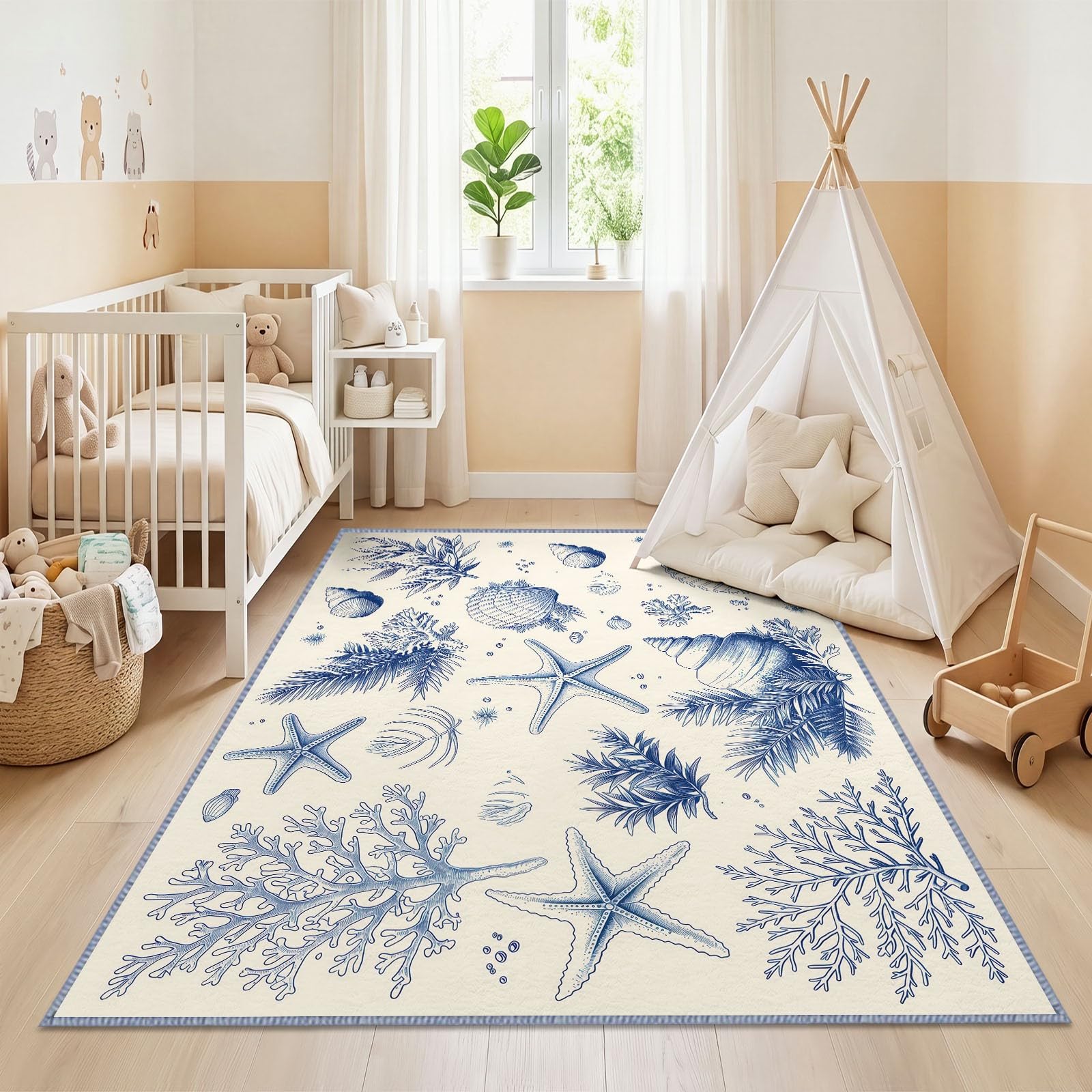 Generisch Seegras Koralle Seestern Waschbarer Teppich Wohnzimme 120x170 cm, Weich Kurzflor rutschfest Vintage Handgemalt Spaß Teppich für Schlafzimmer Esszimmer Büro