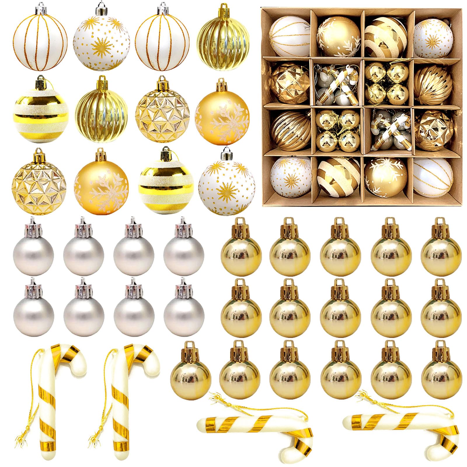 MHwan Bolas de Navidad, 44 Exquisitas Bolas Navidad 6CM & 3CM Pintadas, Bolas Arbol de Navidad Brillantes, Juego de Bolas de Navidad Grandes Mini de Dos Colores para Mezclar y Combinar (Oro, Blanco)