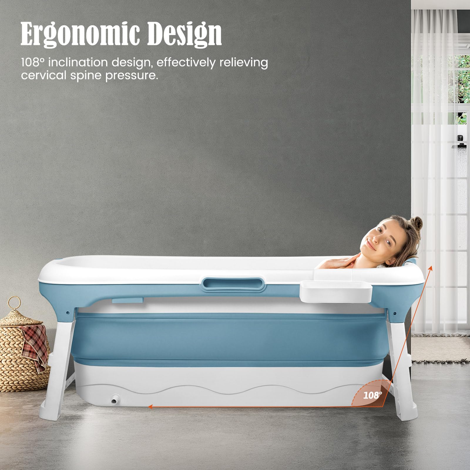Vasca da Bagno Pieghevole per Adulti con Termometro, Pratica Vasca da Bagno Mobile, Rulli Massaggianti, Baignoire Pliable Indipendenti, Pieghevole Bathtub per Bagni di Dimensioni ridotte, 128x62x52cm