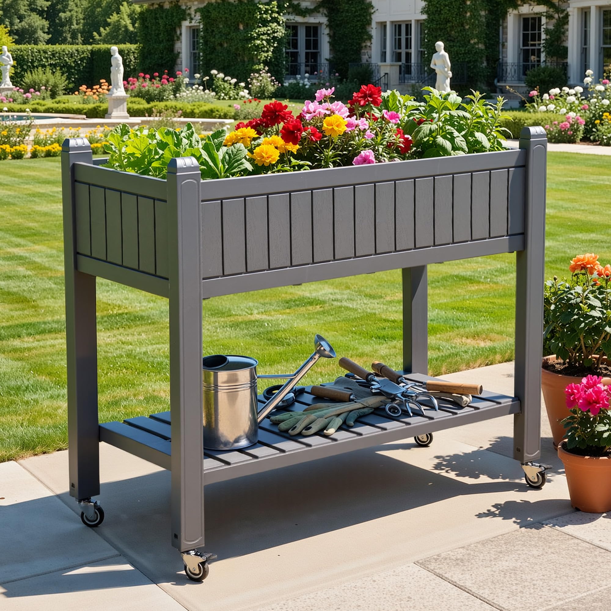 DWVO aiuola rialzata, 108,5 x 44 x 89,5 cm, griglia da giardino con ruote, fori di drenaggio e tappo per piante rampicanti, supporta 6,8 kg, per verdure, fiori (grigio)