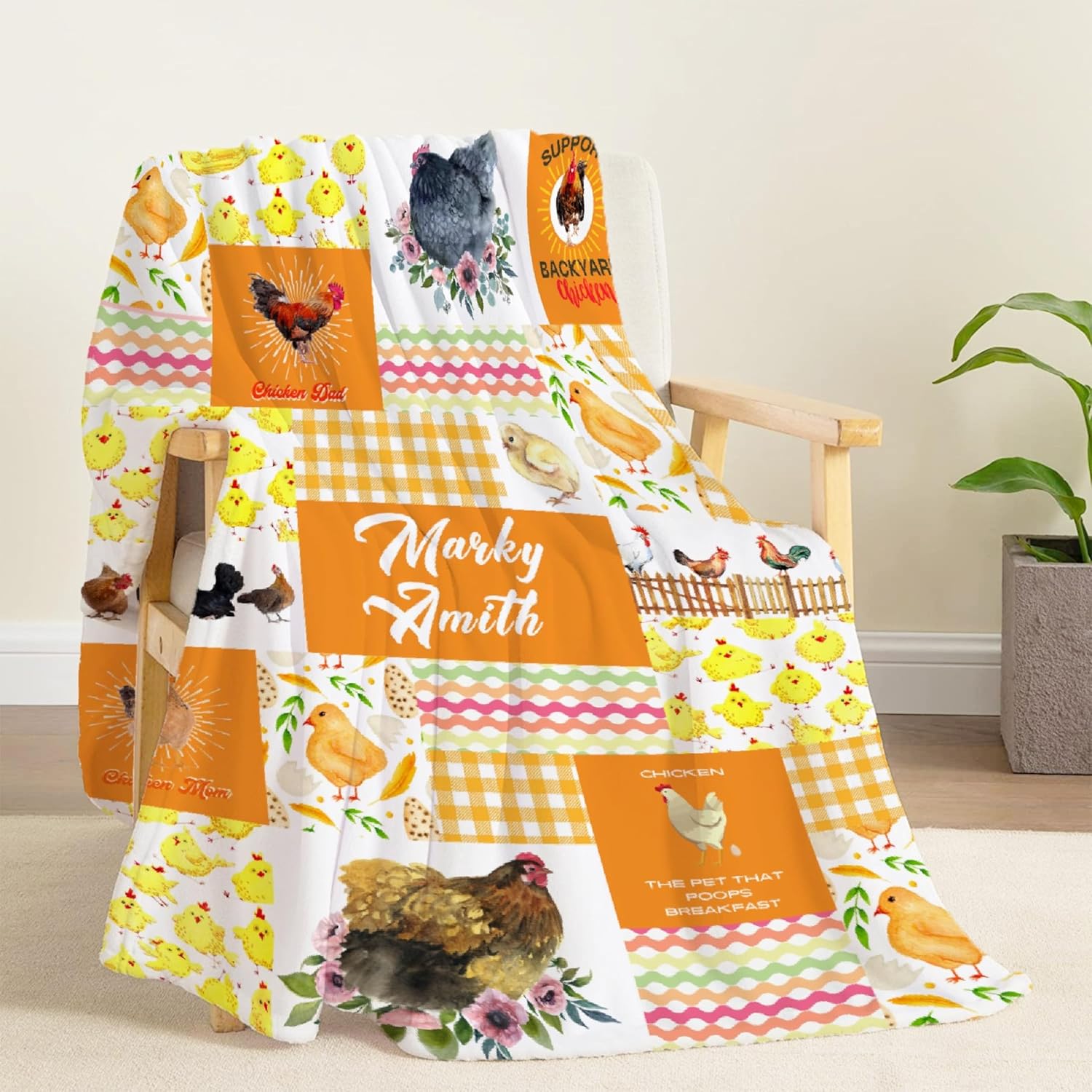 Personalized Baby Chicken Blanket for Boy Girls, Custom Baby Gift Blanket with Name, Soft Receiving Swaddle Blanket for Infant Toddler, Cute Chicken Prints Blanket for Crib Stroller Travel Bed 60"x80"