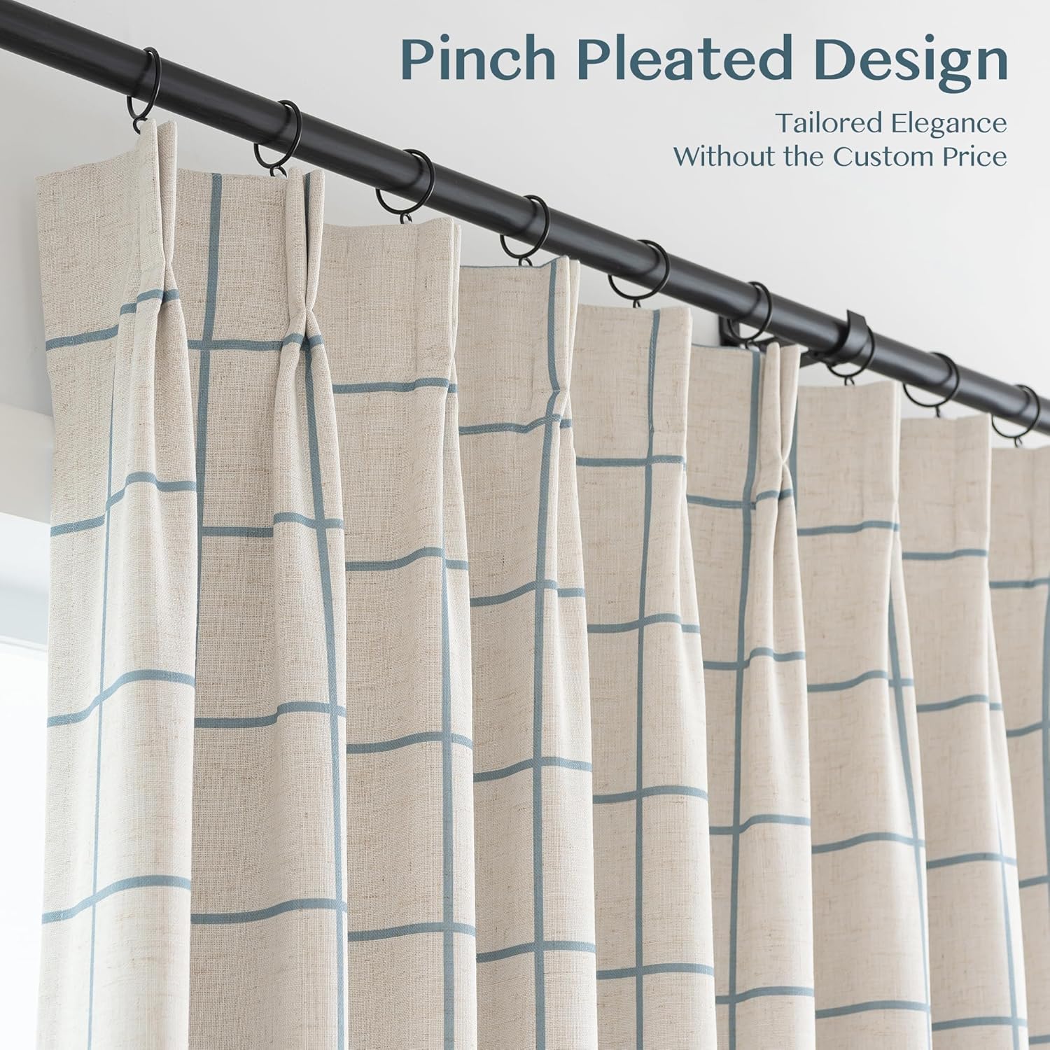 THREE GIRLS Pinch Pleated Plaid Curtains Blackout Linen Gingham Blue Curtains for Living Room,Bedroom Checkered 90 Inches Long Double Layer 2 Panels Set Luxury and Modern Printed Design Darkening