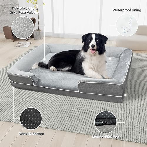 Miniatura 3 de Juego de cama ortopédica para perro con almohadas y espuma viscoelástica, cama grande de 48 x 35 pulgadas, lavable para mascotas, sofá para perro,