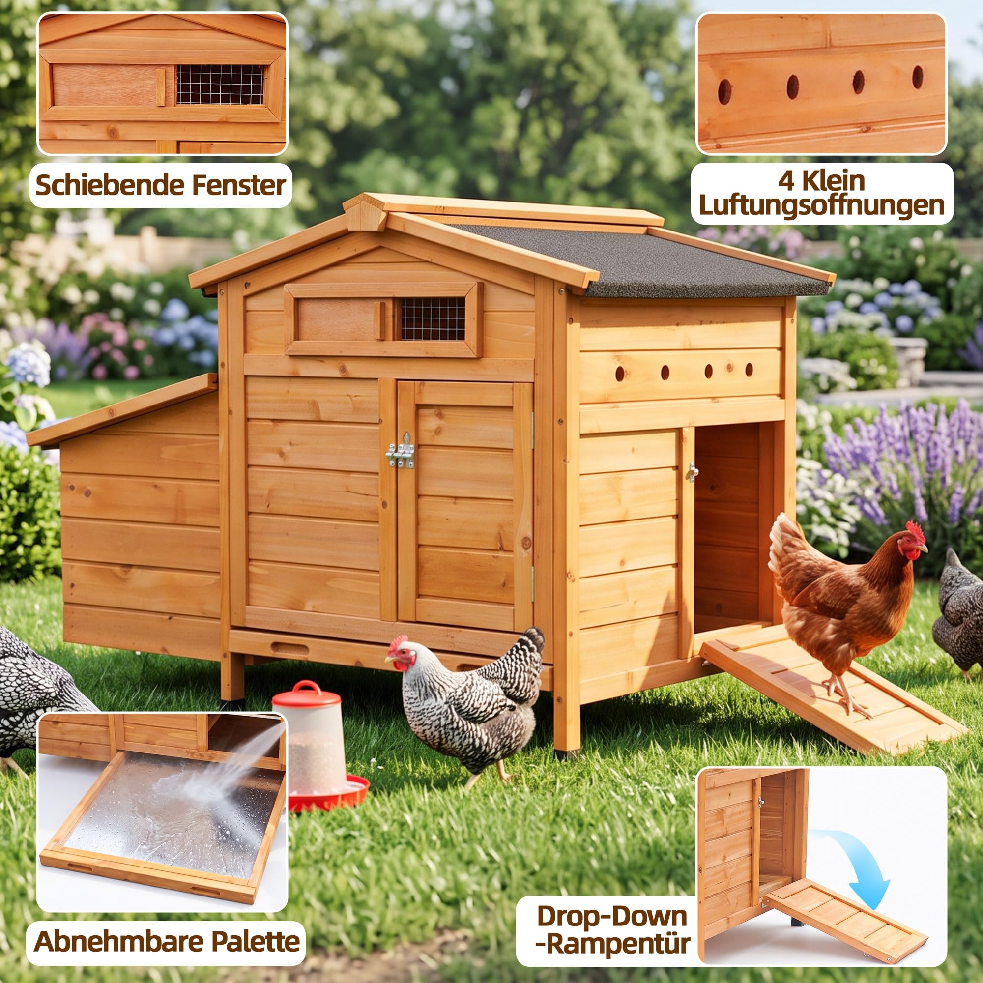 Hühnerstall Winterfester & isolierter aus Massivem Holz Hühnerhaus für 2-3 Hühner Legenest Hühnergehege mit 2 Nistkästen Entenhaus Hühnervoliere Kleintierstall mit Wetterfest Dach Verzinkte Paletten