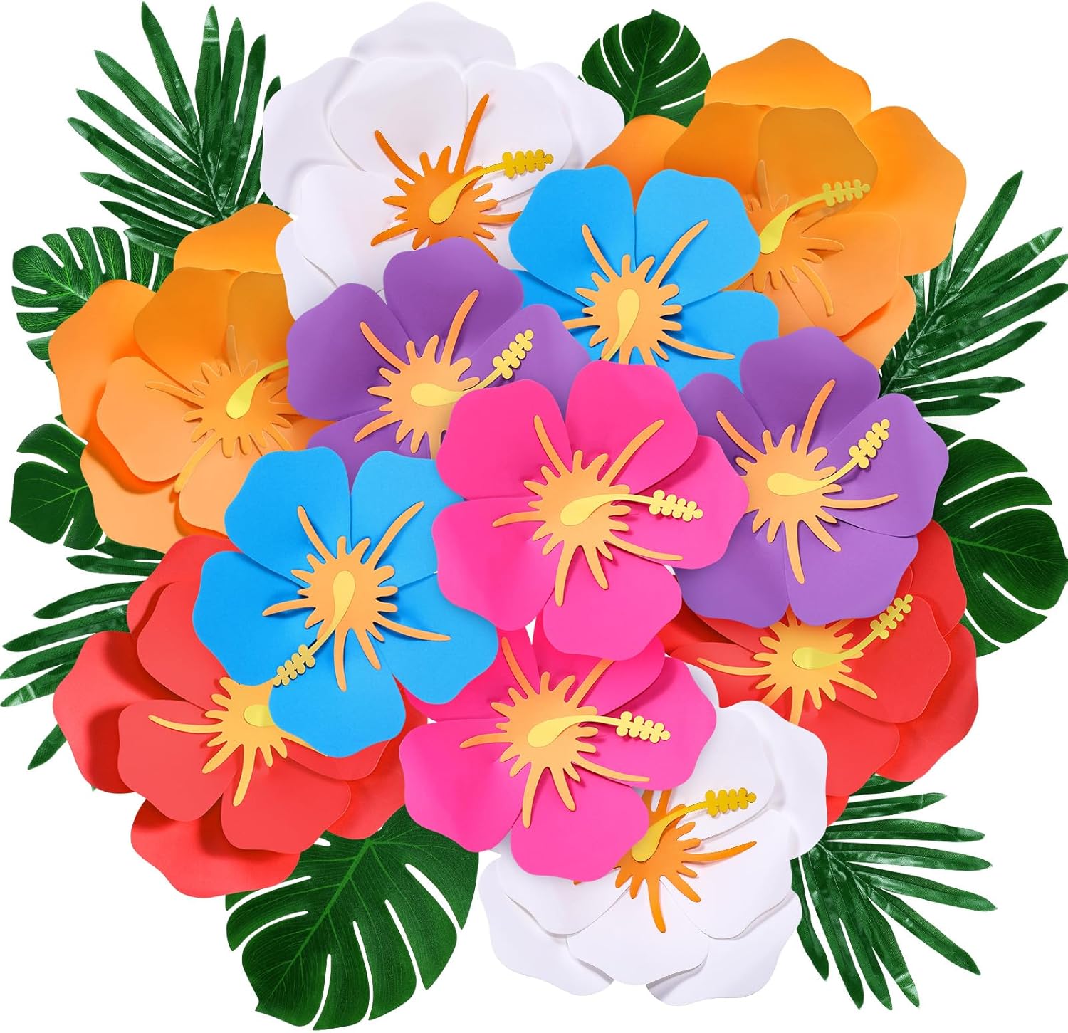 Lincia 80 Pcs Hawaiian Hibiscus Decorations Large Paper Flowers and Artificial Tropical Leaves, 11.8''/7.9'' Jumbo 3D Paper Flowers Faux Leaves for Luau Party Birthday Wedding (Rainbow Color)