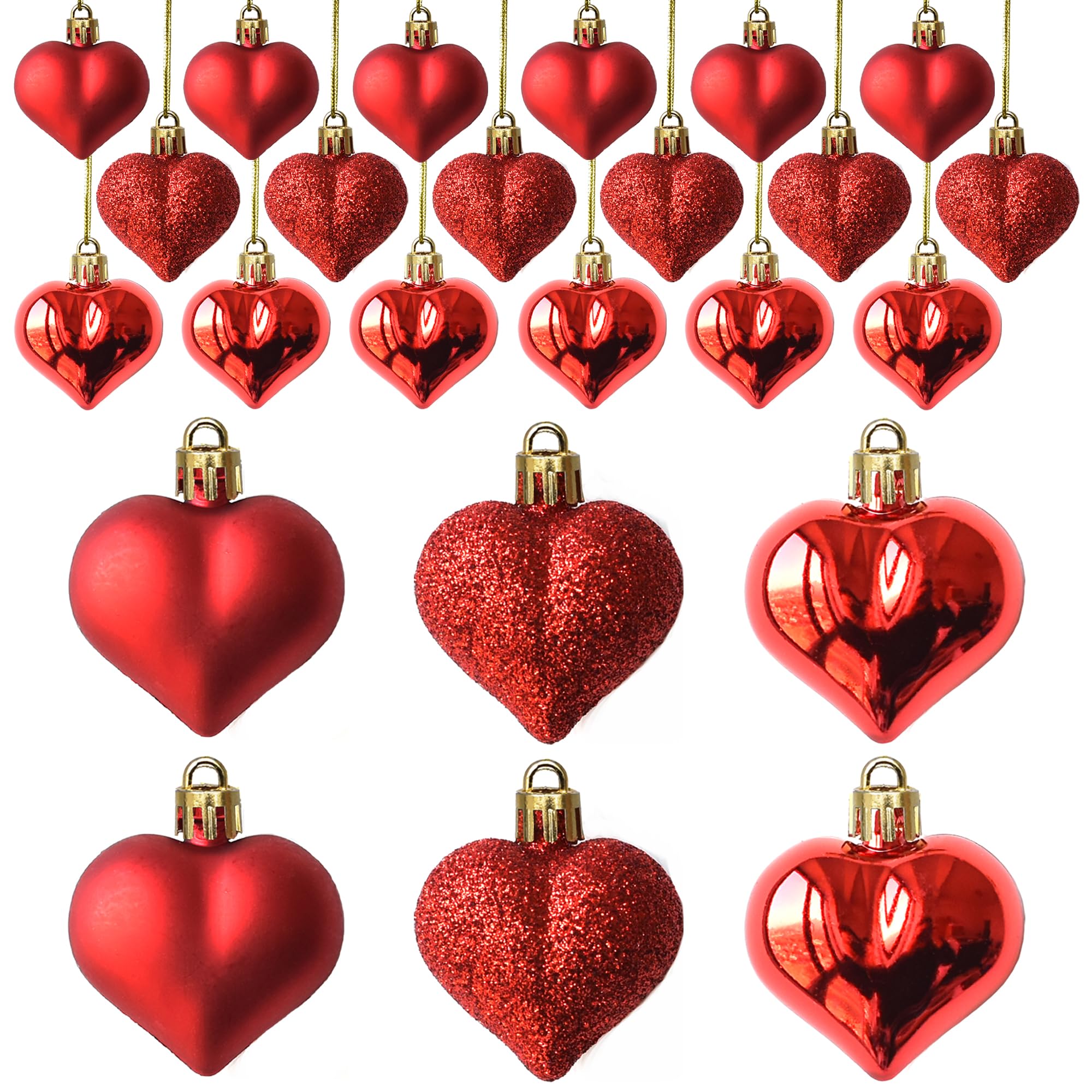 24Pcs Heart Ornaments Multi Finish Heart Baubles Hanging Ornaments for Valentine’s Day Decor Mother's Day Christmas Tree Wedding Anniversary Party Decoration(Red)