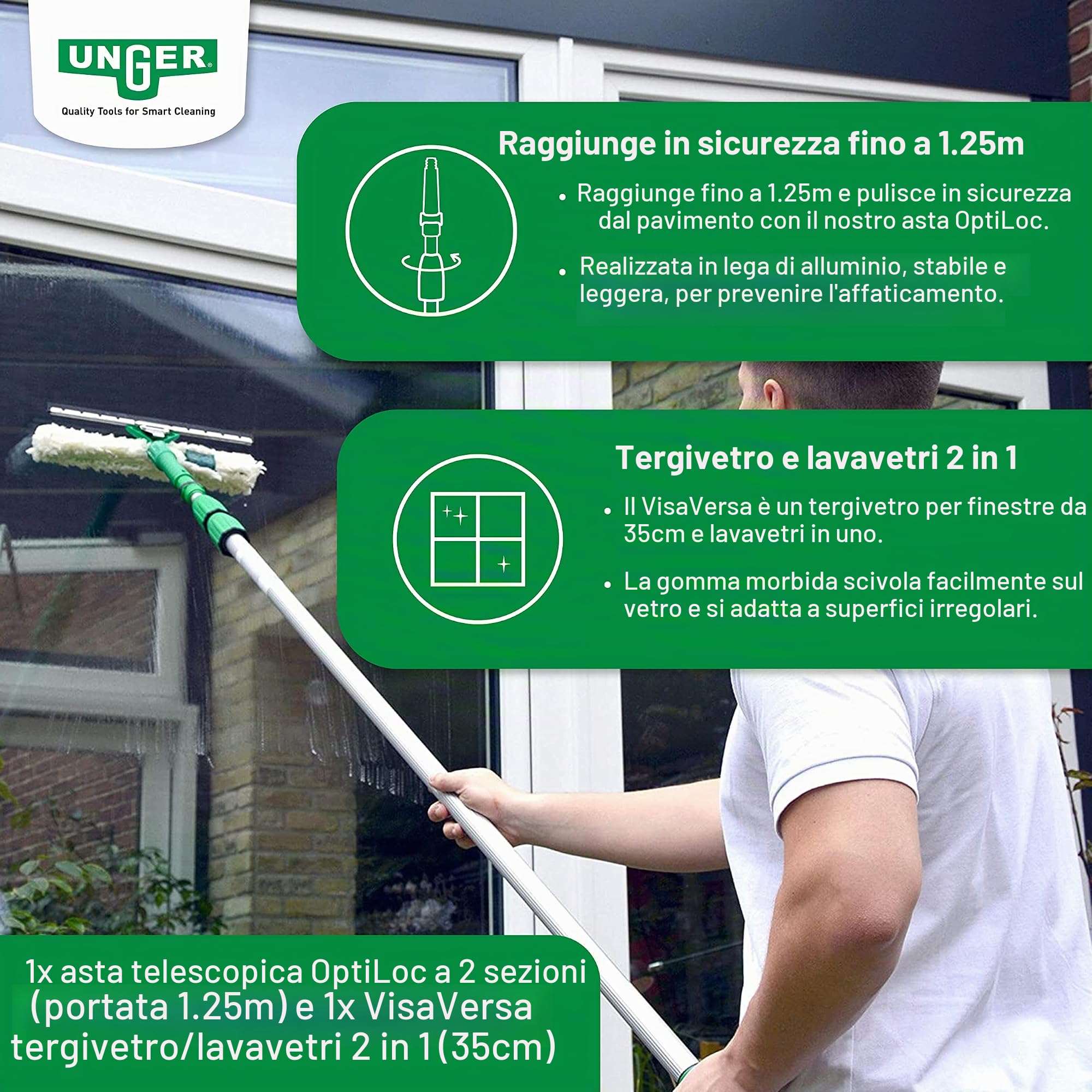 UNGER AK131 - Kit per la pulizia delle finestre, 1,25 m, incl. lavavetri, asta di prolunga, panni in microfibra, pulizia senza aloni