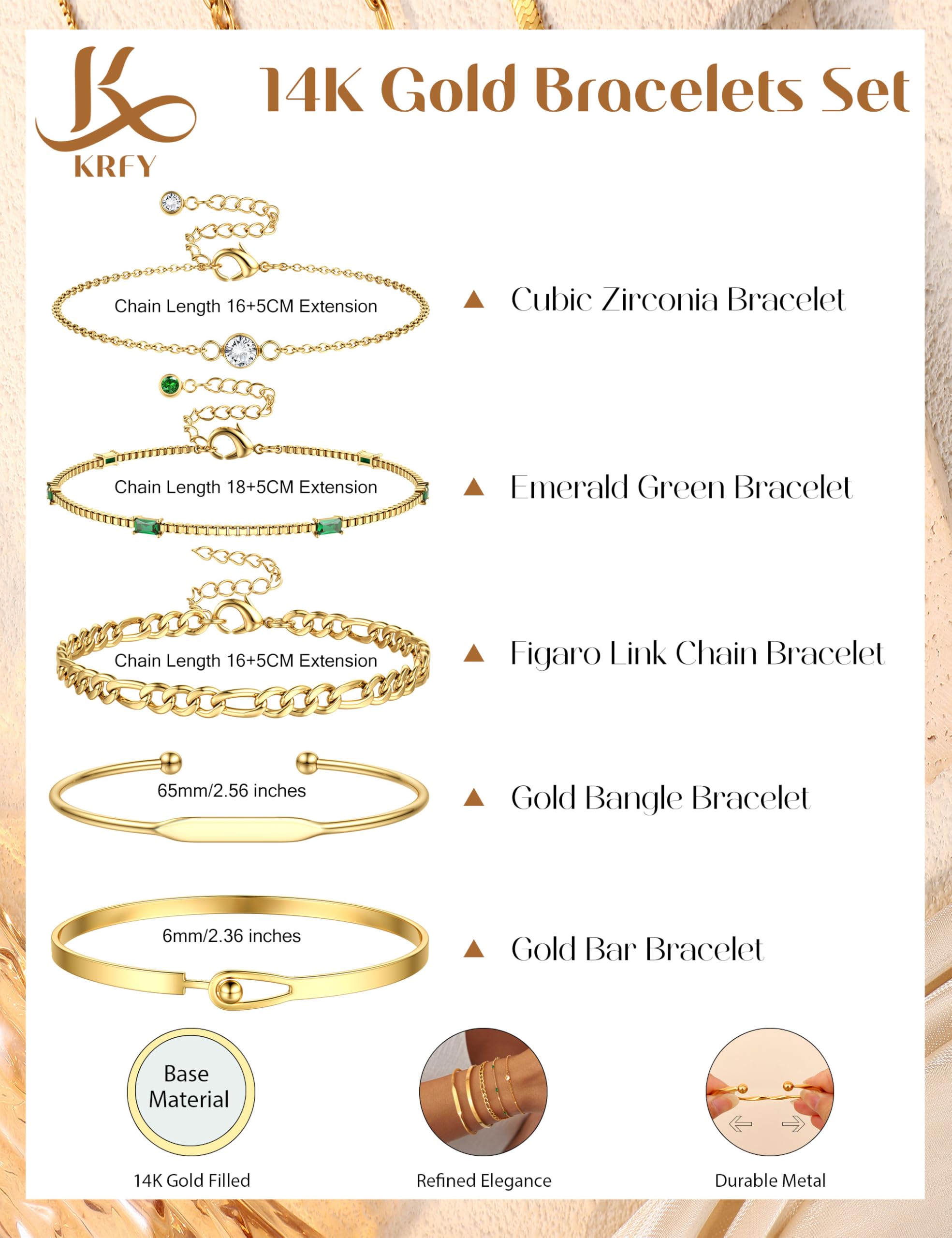 KRFY 5piezasPulseras de Oro Para Las Mujeres 14K Oro Chapado Pulsera Puño Pulsera de Tenis Conjunto Pulseras de Pila Ajustable Figaro Verde CZ Cadena — view 2
