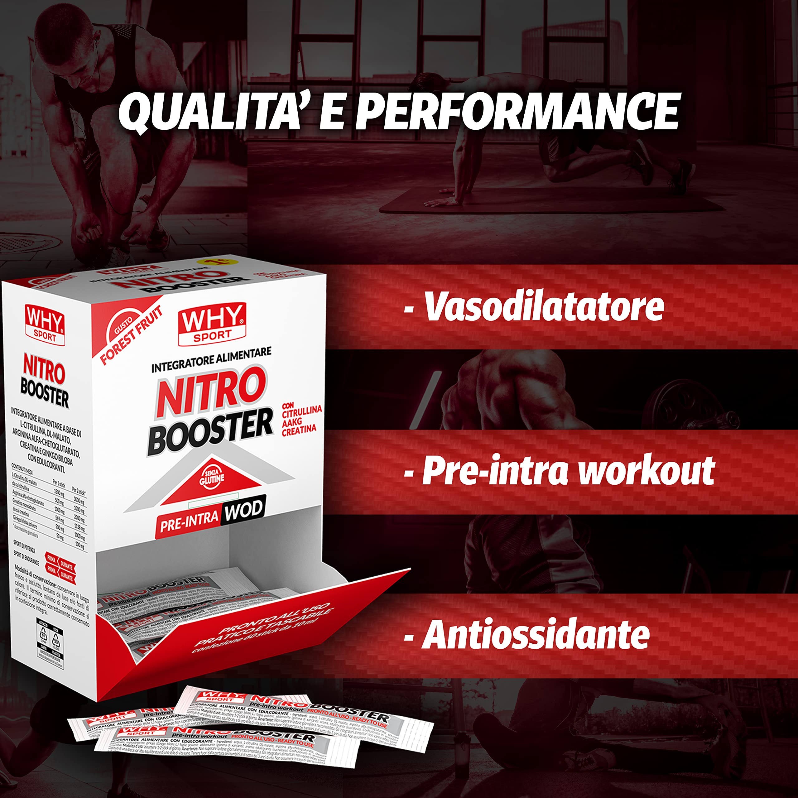 WHY SPORT NITRO BOOSTER - Integratore Alimentare a Base Citrullina e Arginina – Gusto Frutti di Bosco – Box da 60 Stick – 10 ml