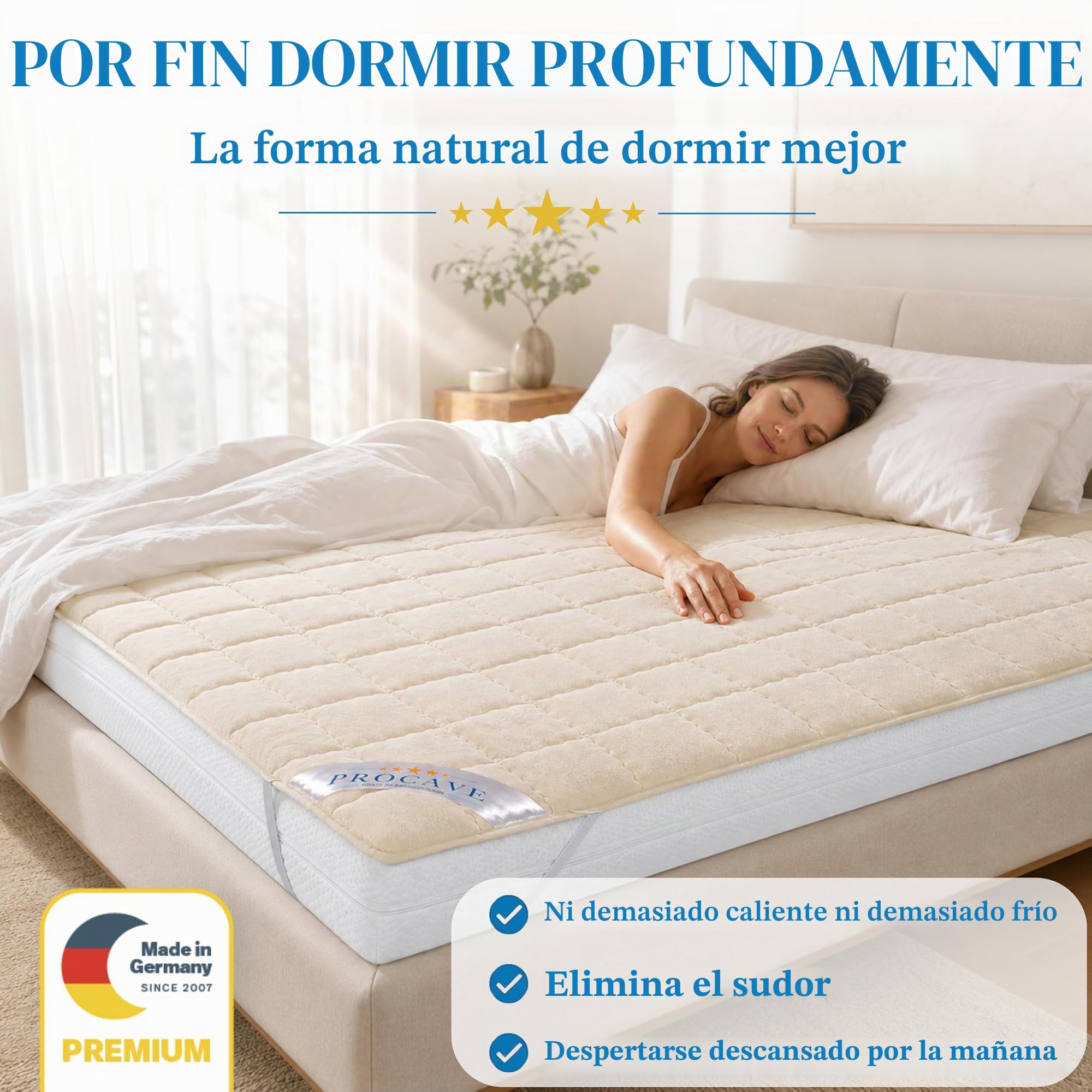 PROCAVE Protector de colchón Acolchado de Lana Virgen,Funda Transpirable para Cama, Cubrecolchón con 4 Gomas angulares 160x200 cm