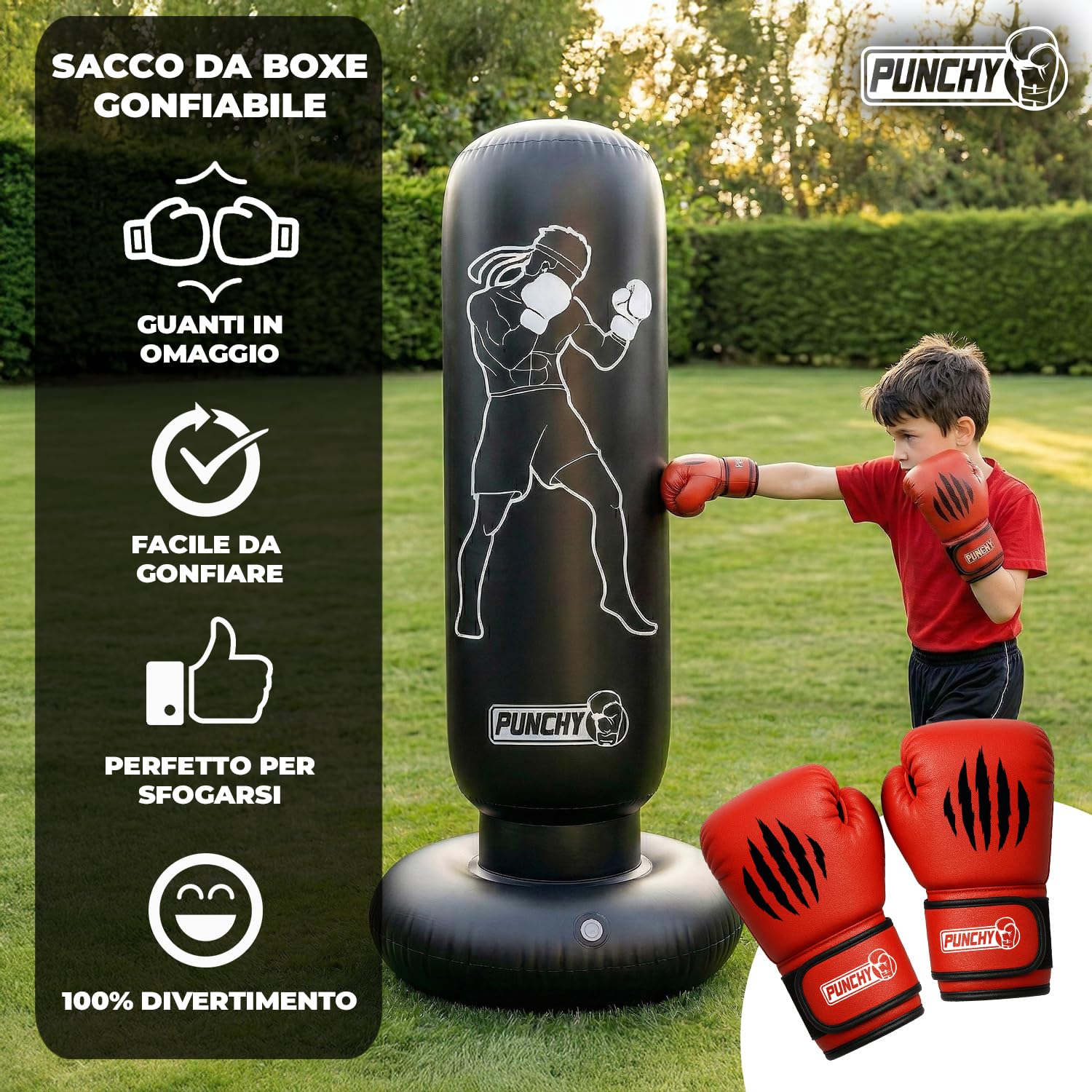 Punchy® Sacco da Box Gonfiabile per Bambini 160x55 cm | Set Boxe con Guantoni e Pompa | Giocattolo Attivo per Bambini e Bambine dai 5 Anni | Per Casa e Giardino | Aerobik®