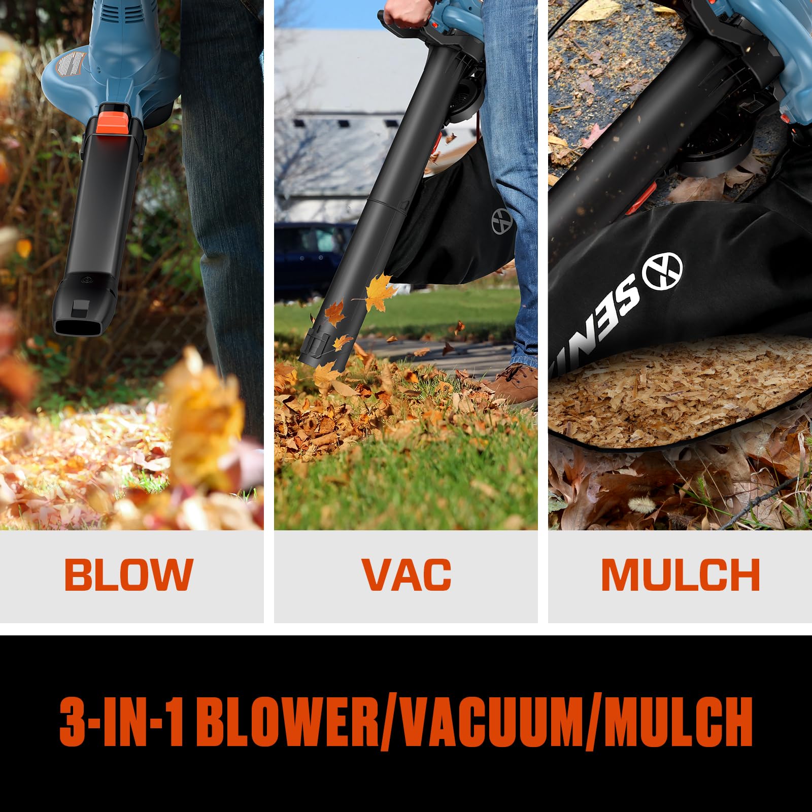 Senix Soffiatore elettrico 3 in 1, aspiratore di foglie con cavo e trituratore, 420 CFM e 179 mph, con sacchetto di raccolta riutilizzabile per giardino