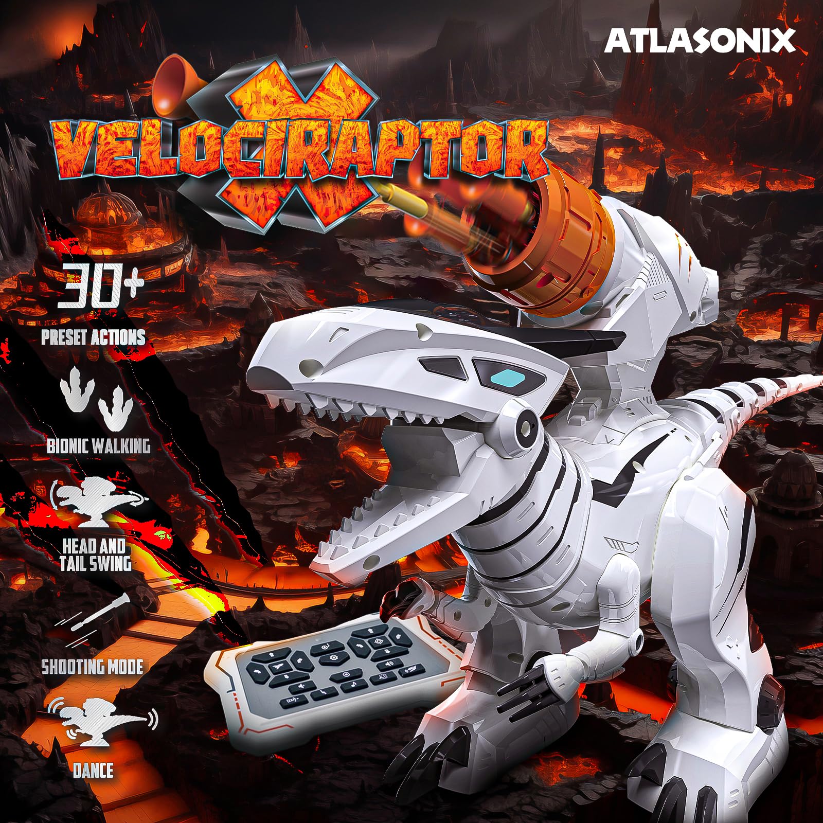 Atlasonix Remote Control Dinosaur for Boys 4-7 - RC Robot Jurassic T-Rex with Shooting & Lights - Walking Dino with Music & Dance - Birthday Gift for Boys & Girls