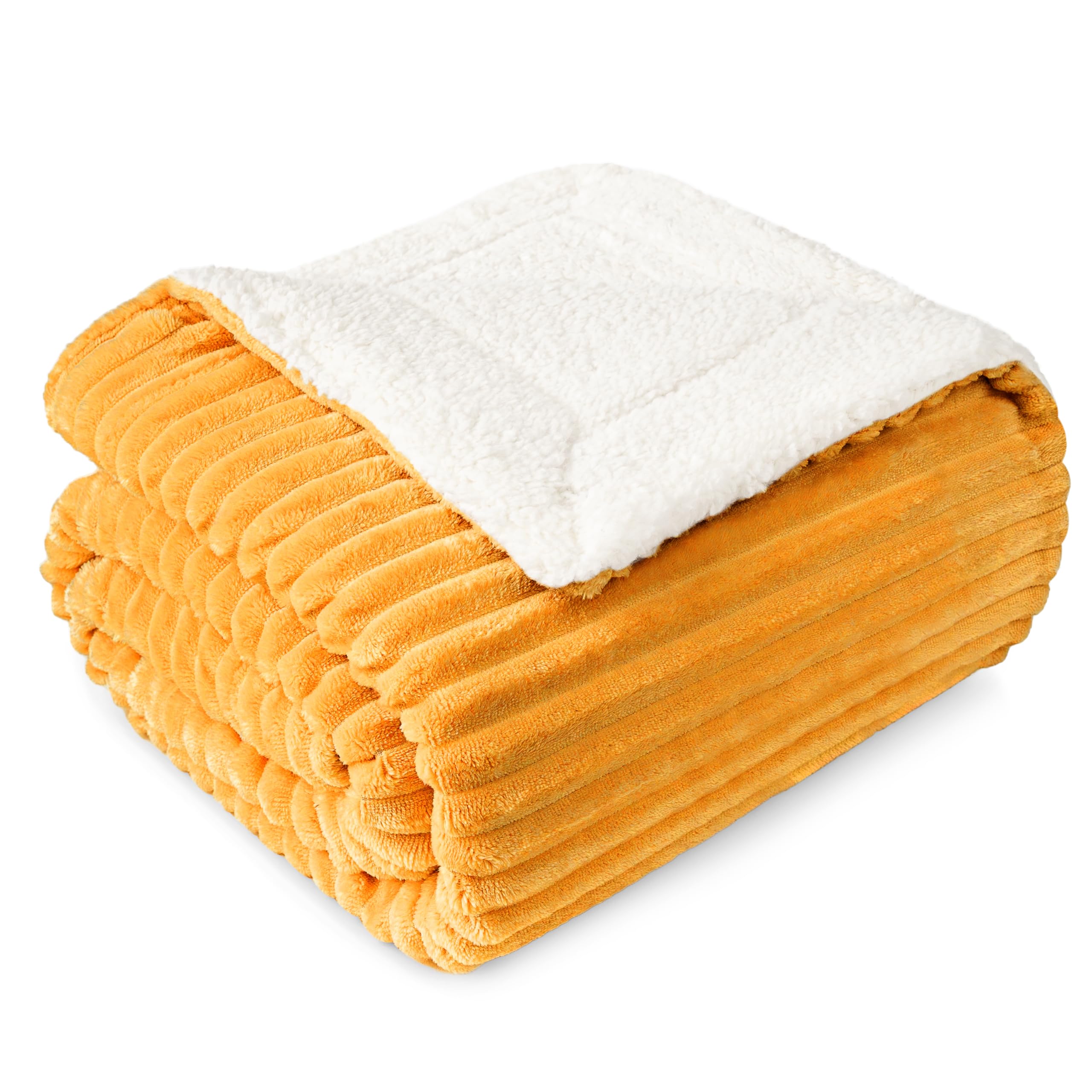 PAVILIA Mustard Yellow Sherpa Fleece Throw Blanket for Couch Twin, Soft Plush Fuzzy Blankets, Fluffy Flannel Sherpa Blanket for Bed, Warm 3D Ribbed Winter Blanket Gift, 60x80 inches