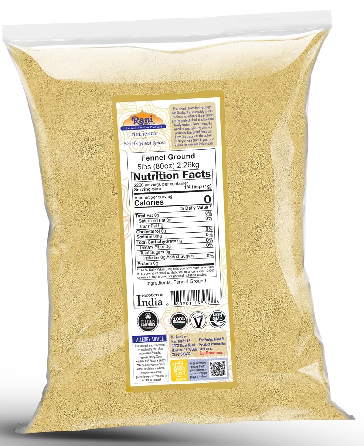 Rani Fennel Ground (Saunf) Powder Spice 80oz (5lbs) 2.27kg Bulk ~ All Natural | Gluten Friendly | NON-GMO | Kosher | Kosher | Vegan | Indian Origin