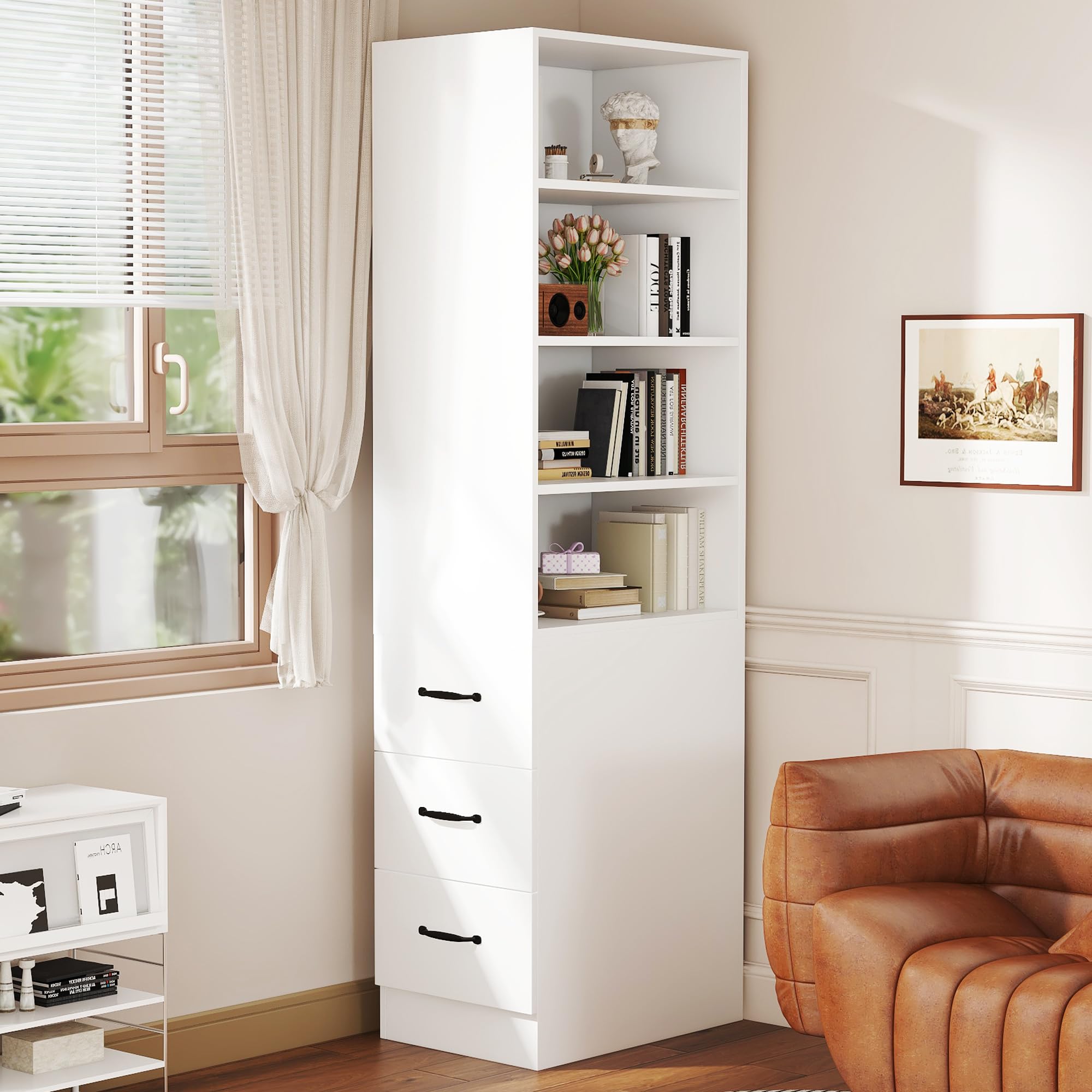 Estantería de 180 cm de altura extra estrecha con cajones laterales – estantes ajustables, intercambiable a izquierda y derecha, adecuada para espacios pequeños, aparador, salón, estantería alta