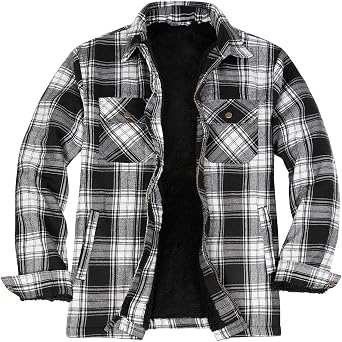Mens Sherpa Lined Full Zip Plaid Flannel Jacket Shirt,Brushed Cozy Outdoor Work Shacket