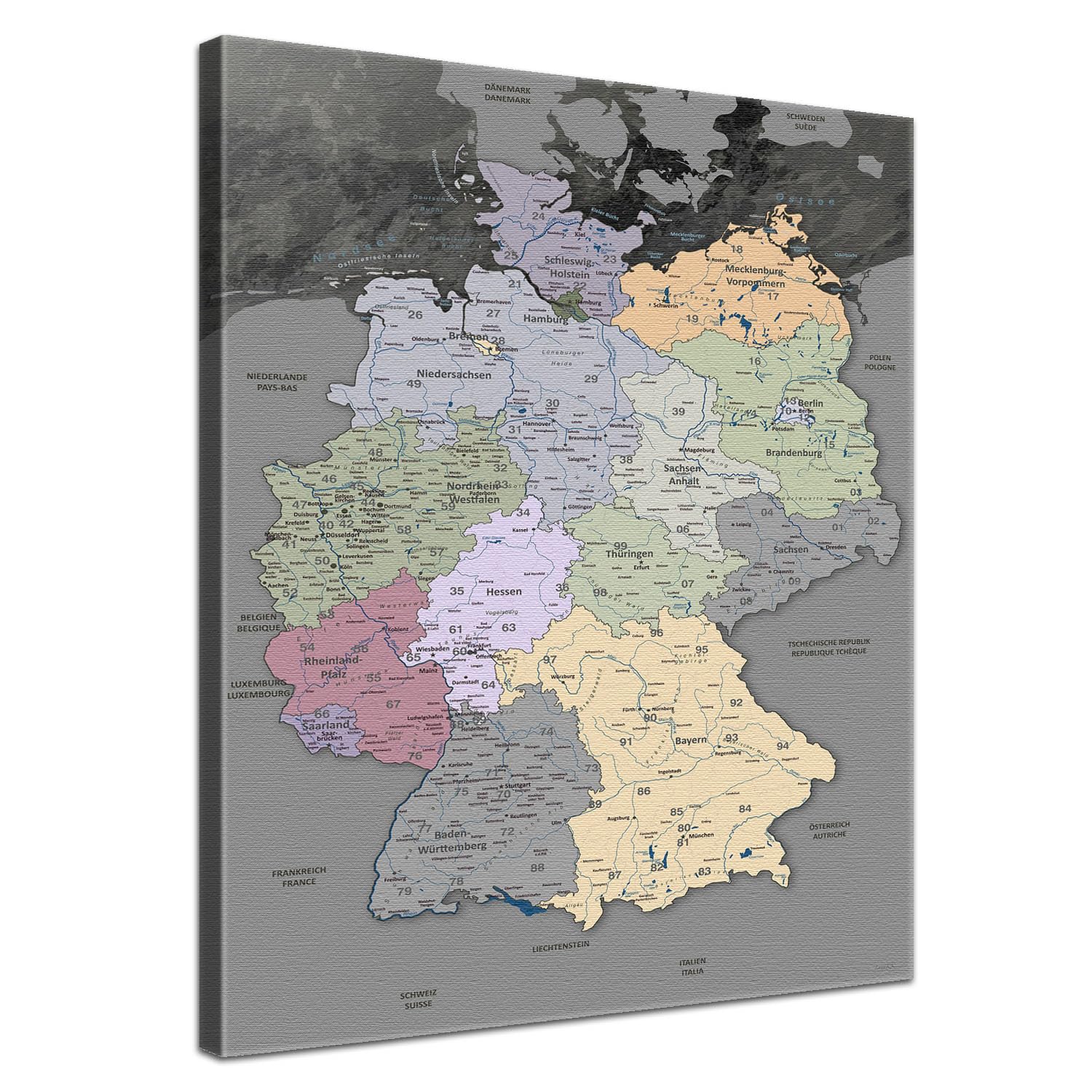 LANA KK - Premium Pinnwand Deutschlandkarte - Edelgrau - Deutsch - in 40 x 60 cm, stabile Rückwand zum Pinnen inkl. Starterkit - Leinwand-Kunstdruck Wandbild Landkarte XXL