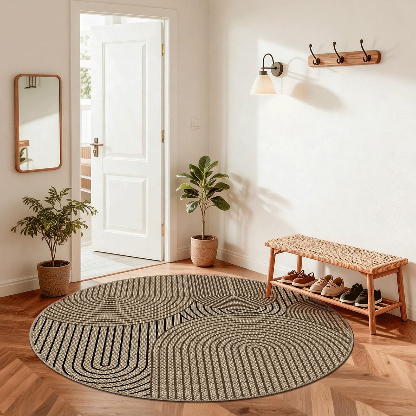 Teppich rund 160 cm, Leichter Jute Aussehen Teppich, Rutschfest Wohnzimmerteppich, Outdoor Teppich Waschbarer, Minimalistisch Boho Teppich Braun für Schlafzimmer, Wohnzimmer und Balkon
