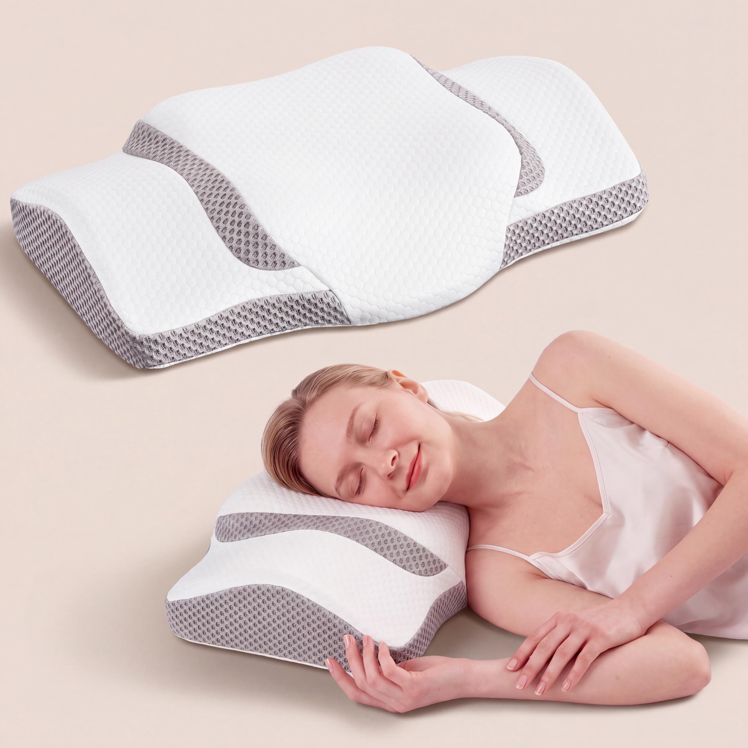 OLIXIS Cervical Pillow, Ergonomic Contour Memory Foam Neck Pillow with Cooling Breathable Cover and Dual-Height Support for Side, Back and Stomach Sleepers, White