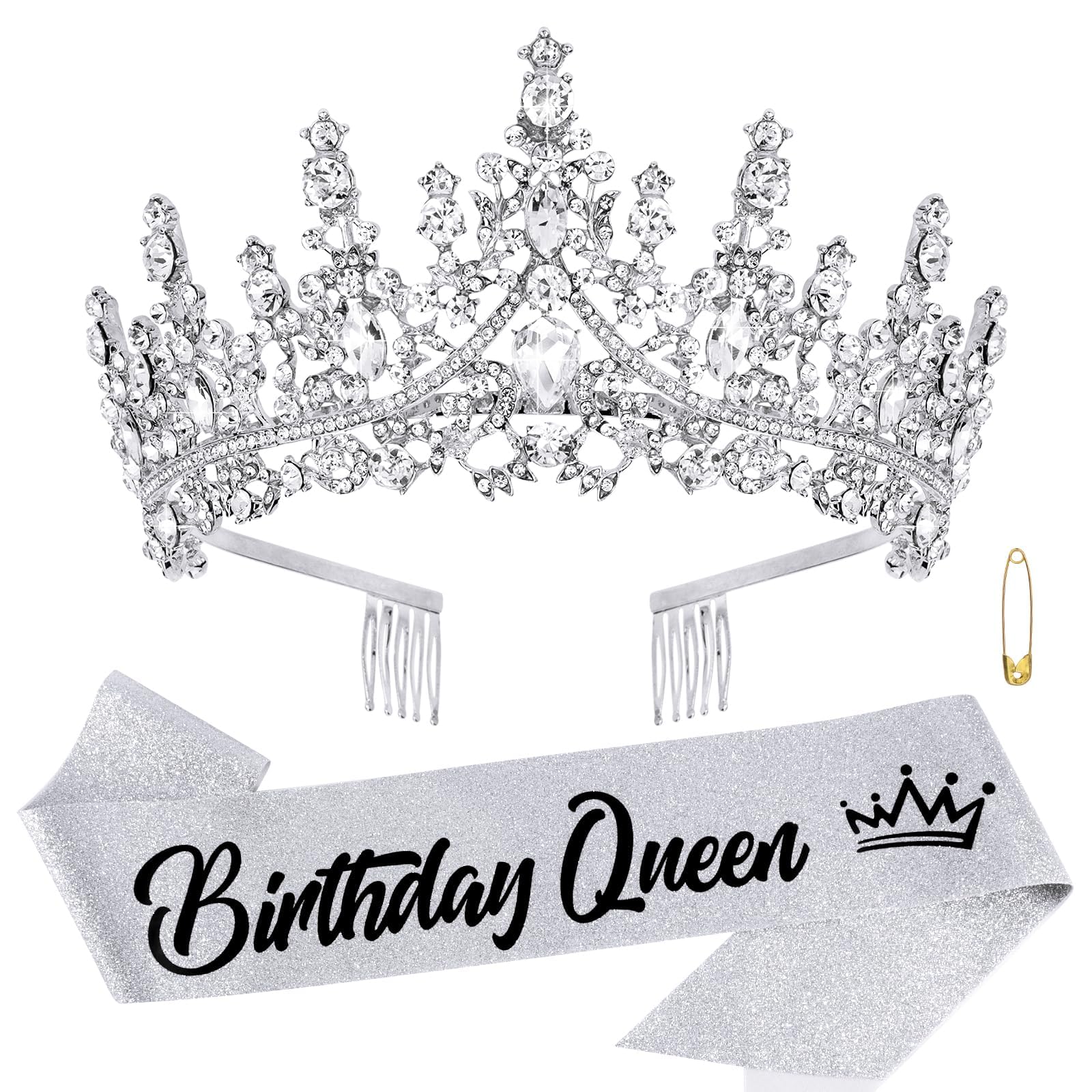 Birthday Girl Sash Tiara Queen Crown Tiaras and Crowns for Women Girls Silver Crystal Princess Tiara Rhinestone Headbands Quinceanera Crown Happy Birthday Decorations Accessories for Wedding