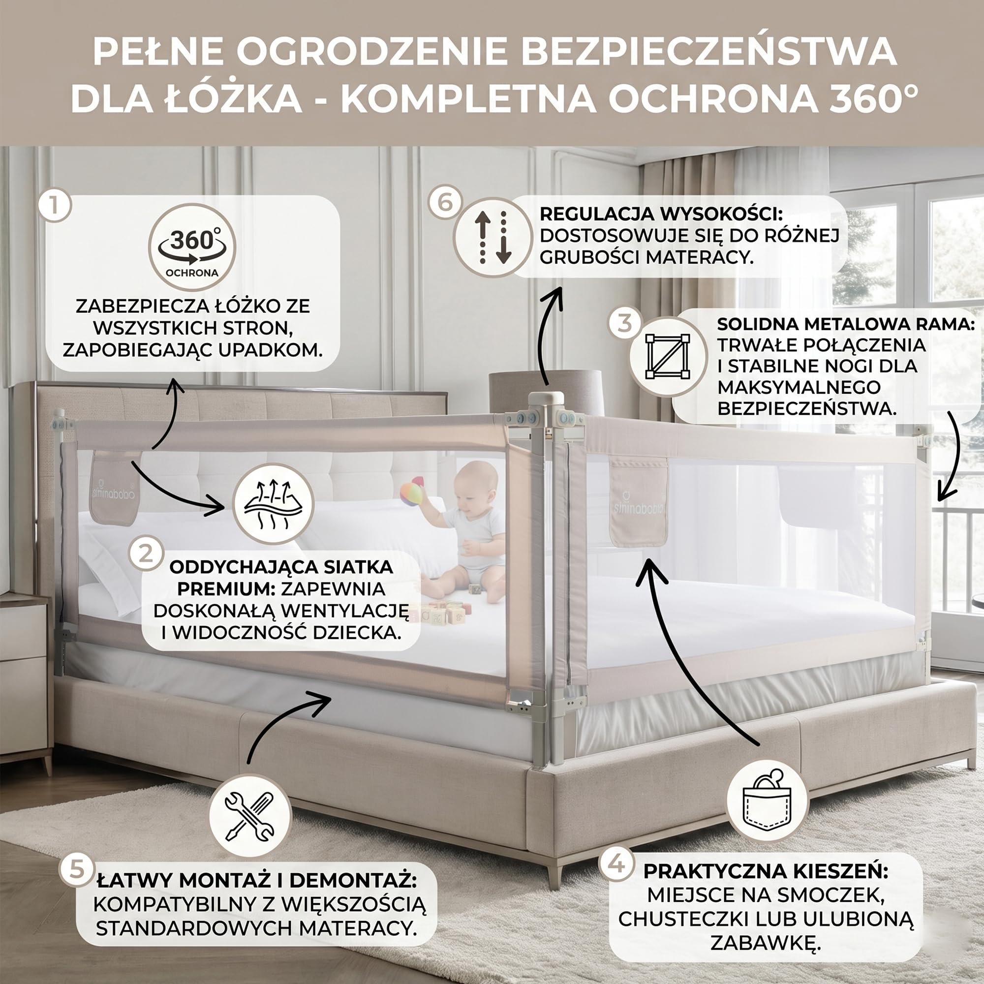 Primabobo Bettgitter Set 3 Stück Beige – 2X 200 cm + 1x 160 cm – Rausfallschutz Kinderbett, Sicheres Bettgitter, Bettschutz Komplettset