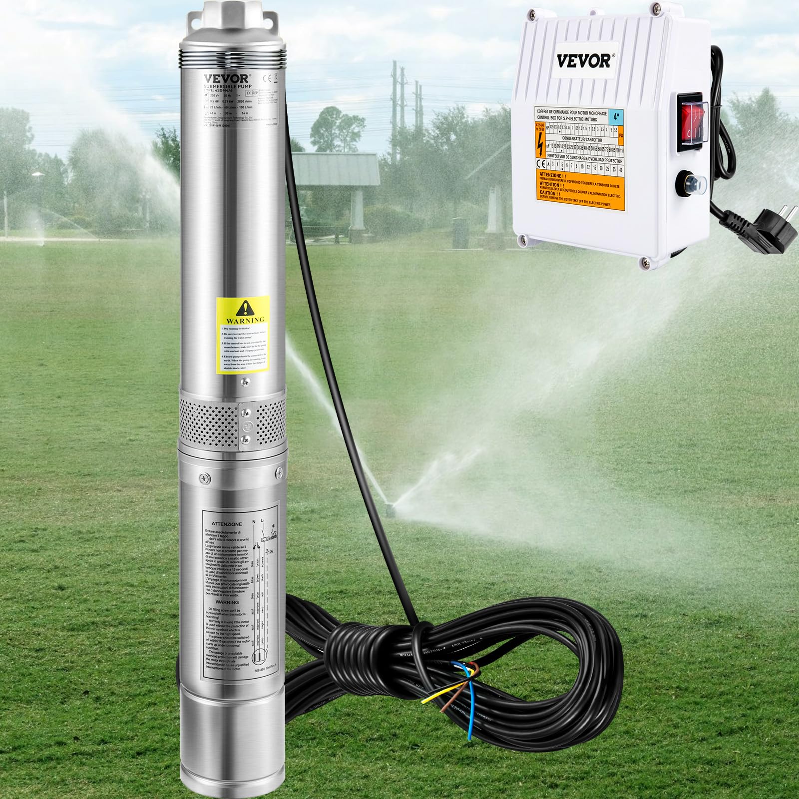 VEVOR Pompa Sommersa per Pozzo 370W Flusso 110L/min per Piscina Giardino Orto in Acciaio Inox, Pompa Sommersa per Pozzi Profondi 230V Prevalenza Max. 44m con Scatola Controllo Esterna