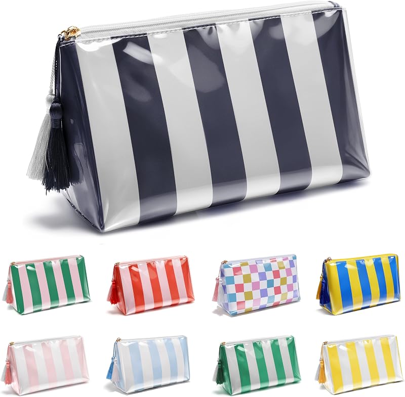 Necessaire Fozira retangular com zíper, listrada, em poliéster, azul e branco