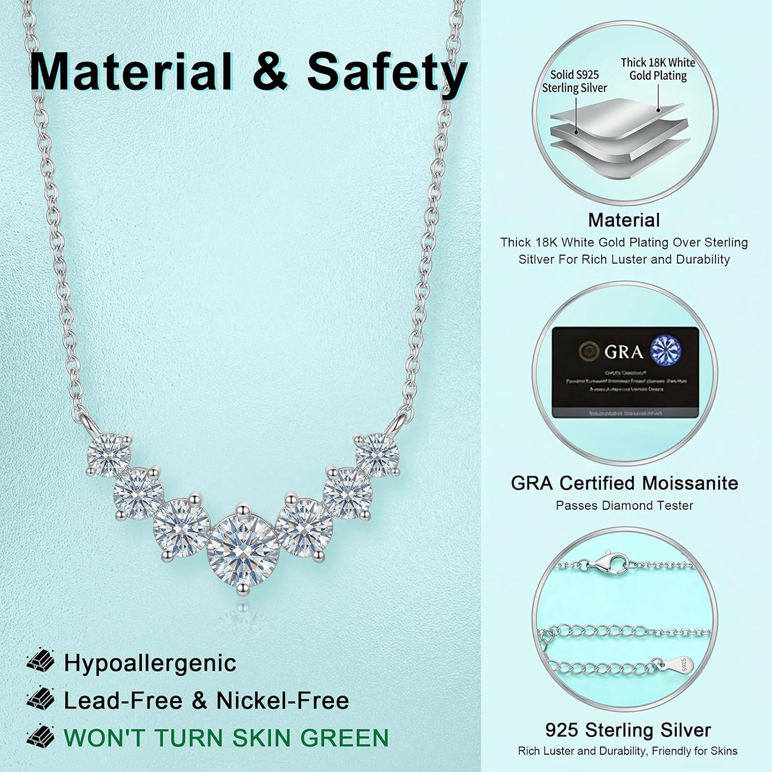 LMUWECNO 2.8ct Moissanite Necklace for Women, 7-Stone Smile Pendant, 18K White Gold Plated Sterling Silver, D Color VVS1, Adjustable Chain, Anniversary Birthday Jewelry Gift for Wife Mom - Image 5