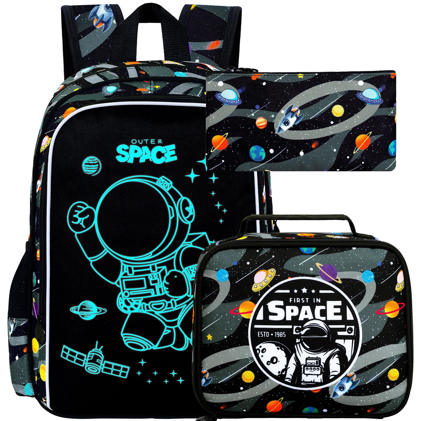 ZLYERT 17 Inch Glow in The Dark Backpack, 3Pcs Space Bookbag for Boys With Lunch Box, School Laptop Backpacks Set For Teens(Blue)