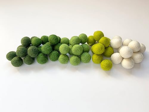 2.5 cm handmade felt balls - Bulk Quantity: 50 - Ombre of Greens: Dark Green, Forest, Grass, Lime, White - 100% Wool Poms for Crafting, Garland