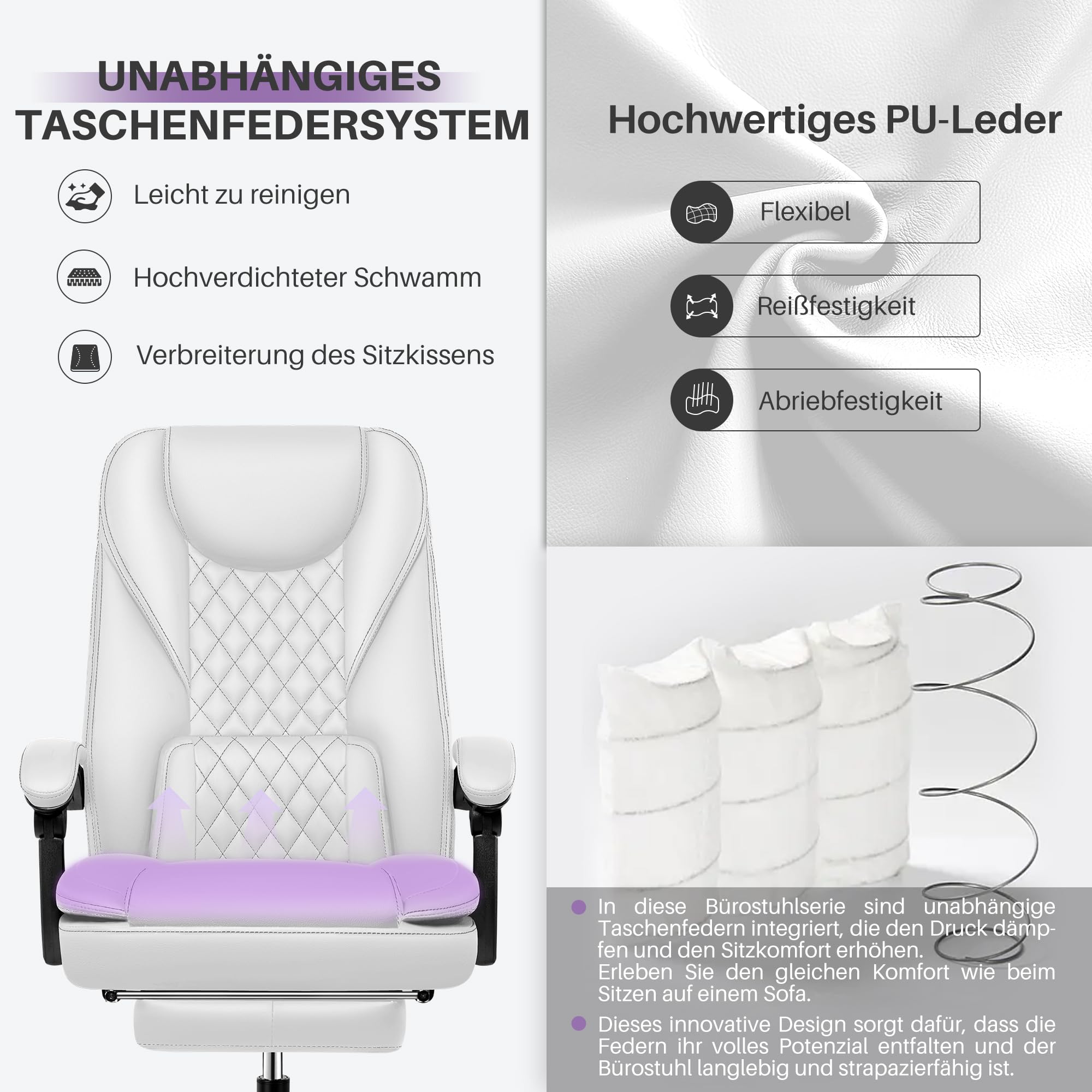 Bürostuhl ergonomischer Schreibtischstuhl bis 140°mit Fußstütze Kopfstütze Wippfunktion Drehstuhl Chefsessel Kunstleder, Grau